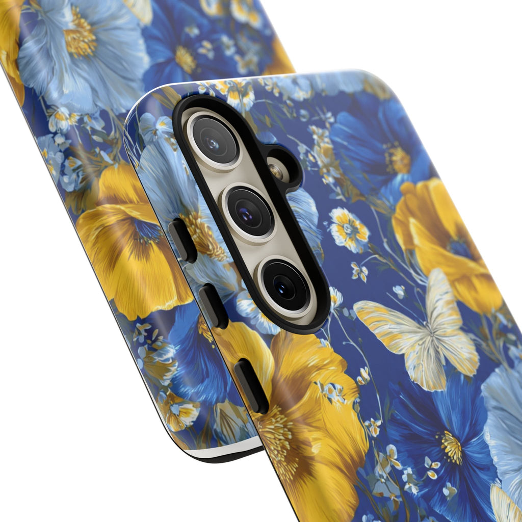 Floral Butterflies Phone Case — Blue & Yellow Tough Protective Cover