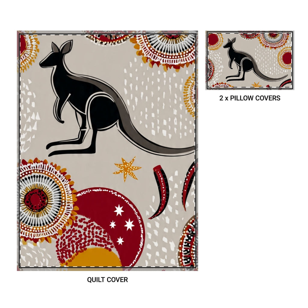 Kangaroo Boho Quilted Duvet Cover Set (3‑Piece) — Aboriginal Dot Art Accent