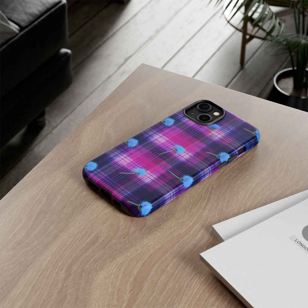 Purple Plaid Blue Thistle Tartan Phone Case — Floral Plaid Protective iPhone Cover