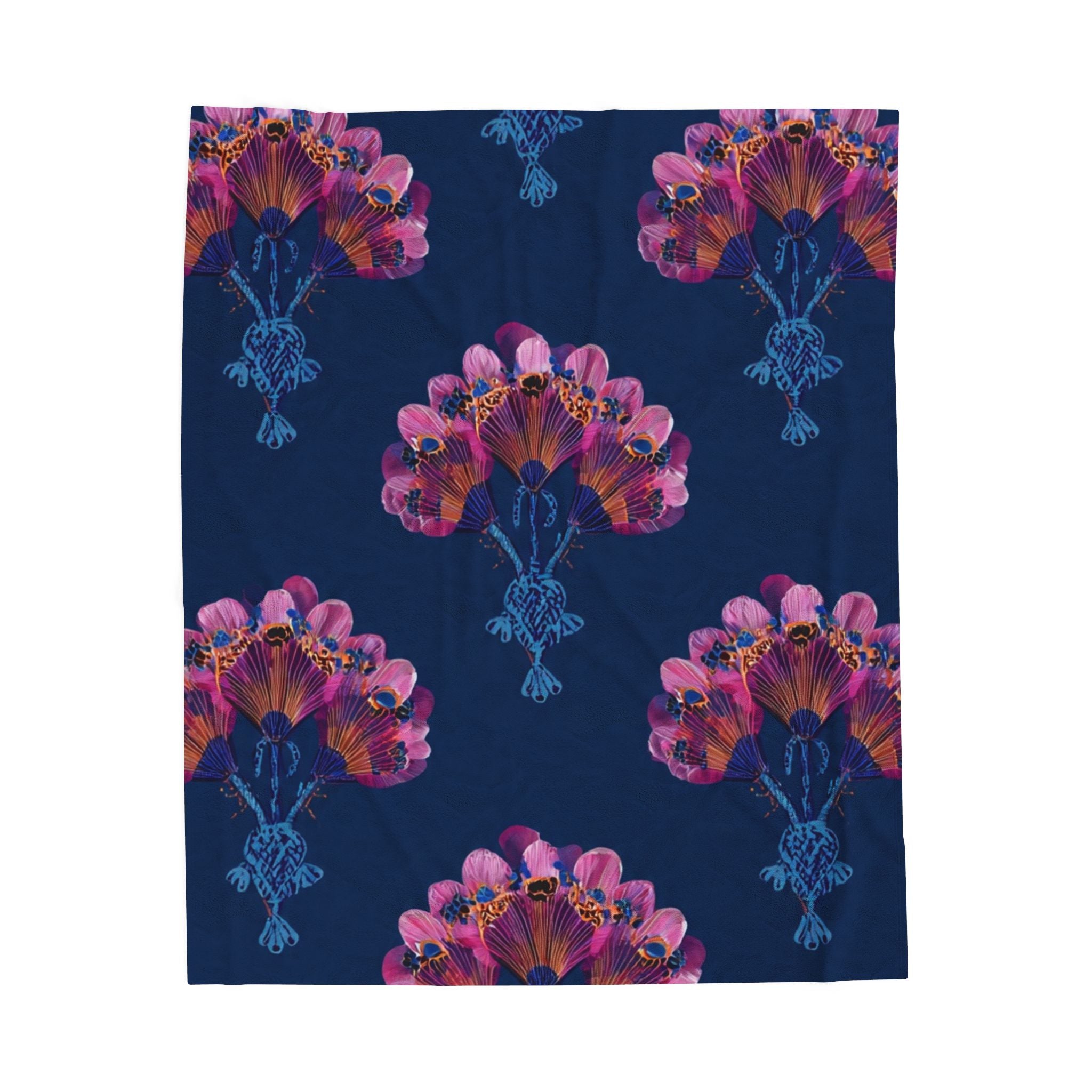 Velveteen Plush Blanket — Navy Floral Fan Pattern Cozy Throw
