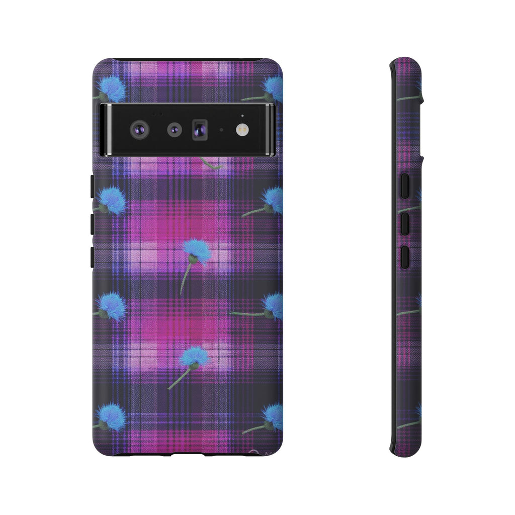 Purple Plaid Blue Thistle Tartan Phone Case — Floral Plaid Protective iPhone Cover
