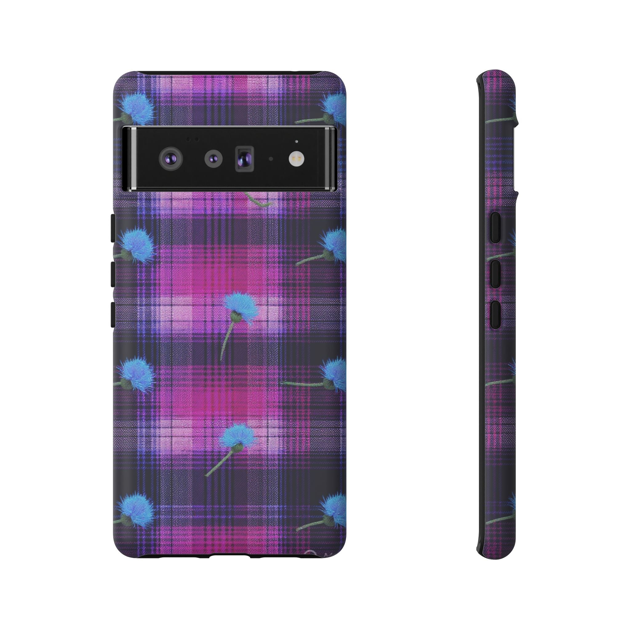 Purple Plaid Blue Thistle Tartan Phone Case — Floral Plaid Protective iPhone Cover