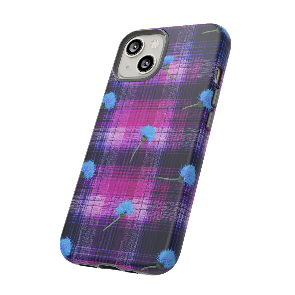 Purple Plaid Blue Thistle Tartan Phone Case — Floral Plaid Protective iPhone Cover