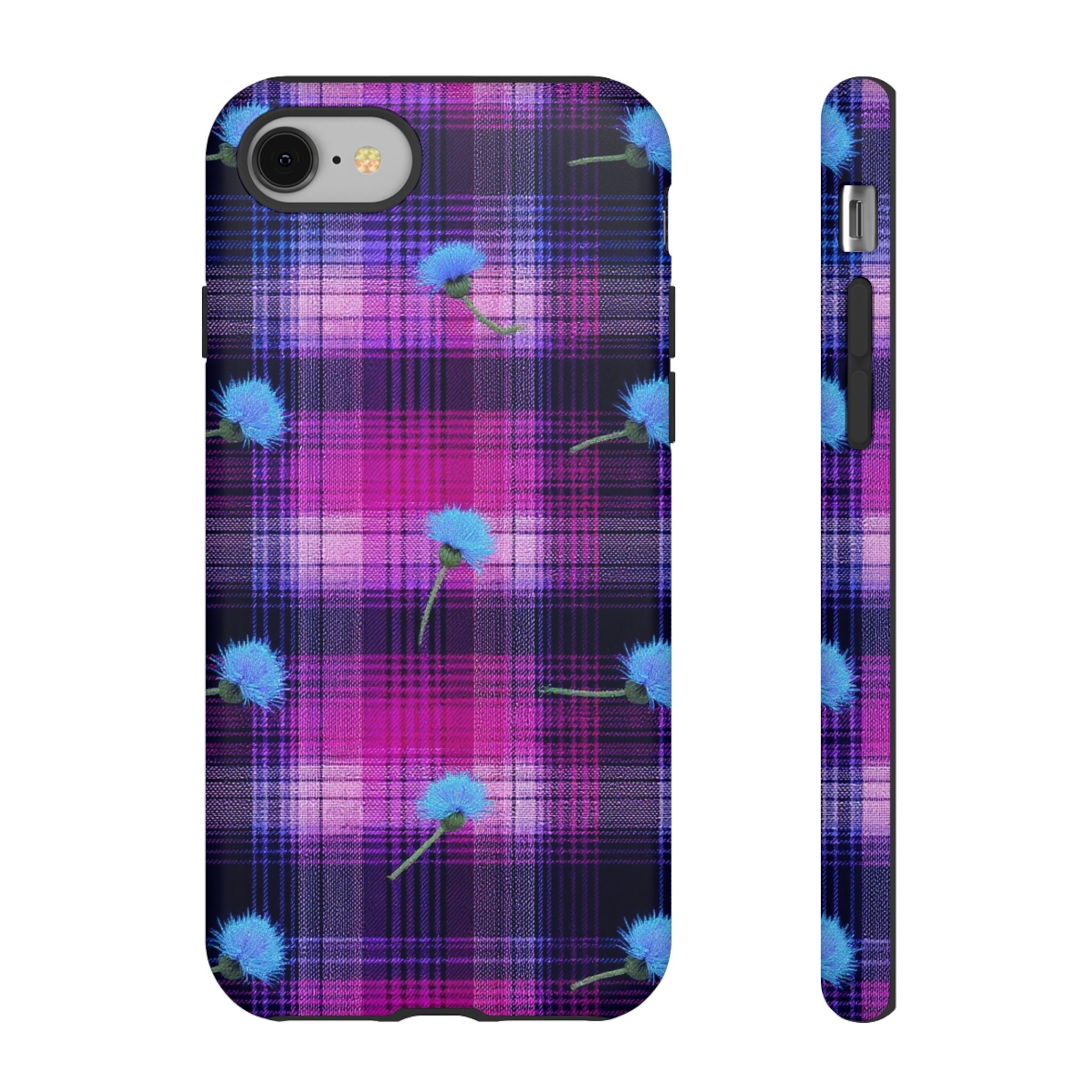 Purple Plaid Blue Thistle Tartan Phone Case — Floral Plaid Protective iPhone Cover