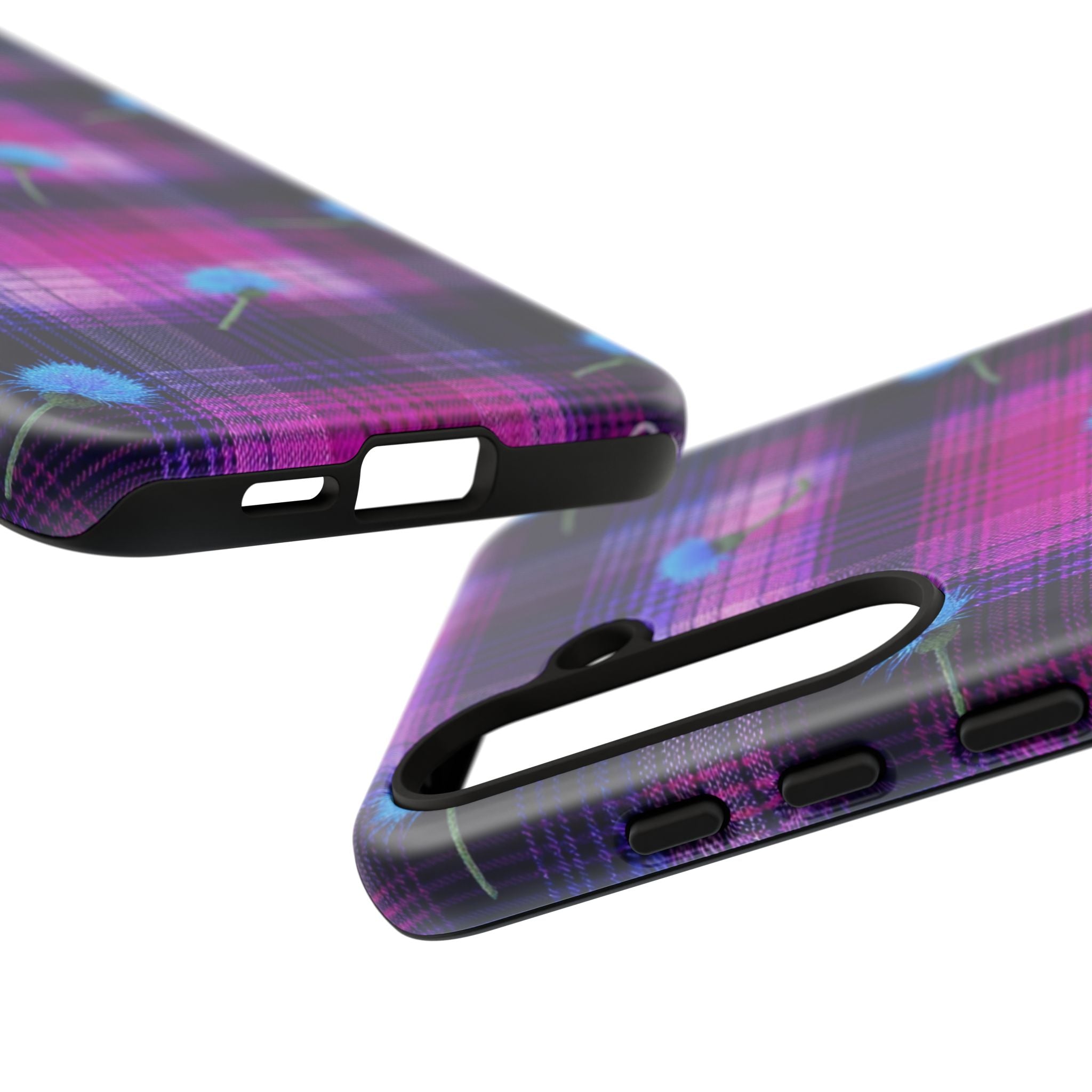 Purple Plaid Blue Thistle Tartan Phone Case — Floral Plaid Protective iPhone Cover