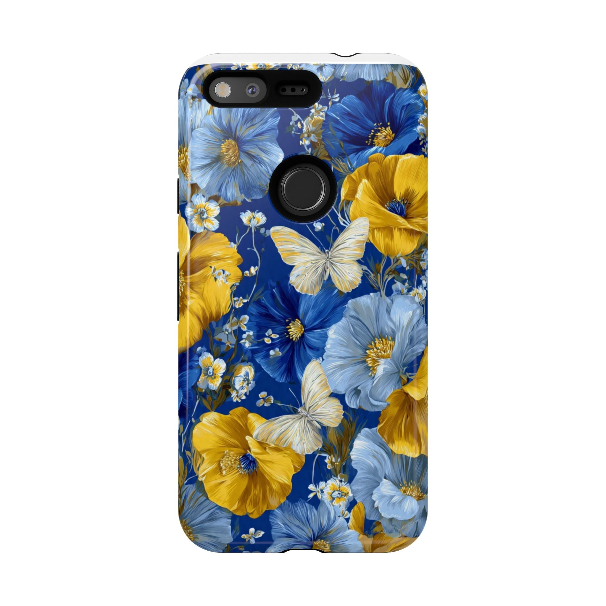 Floral Butterflies Phone Case — Blue & Yellow Tough Protective Cover