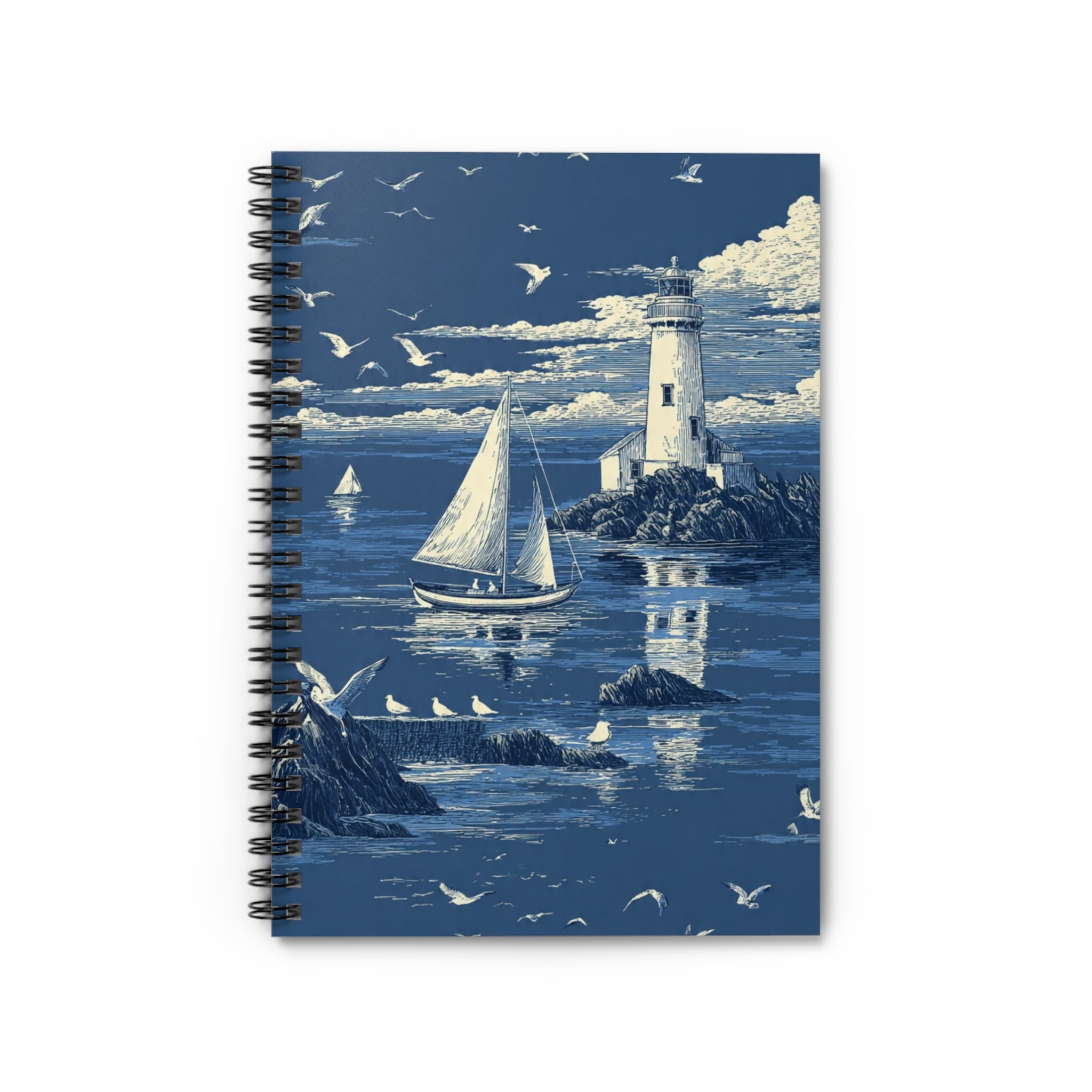 Nautical Lighthouse Spiral Notebook — Sailboat Seagull Ruled Journal