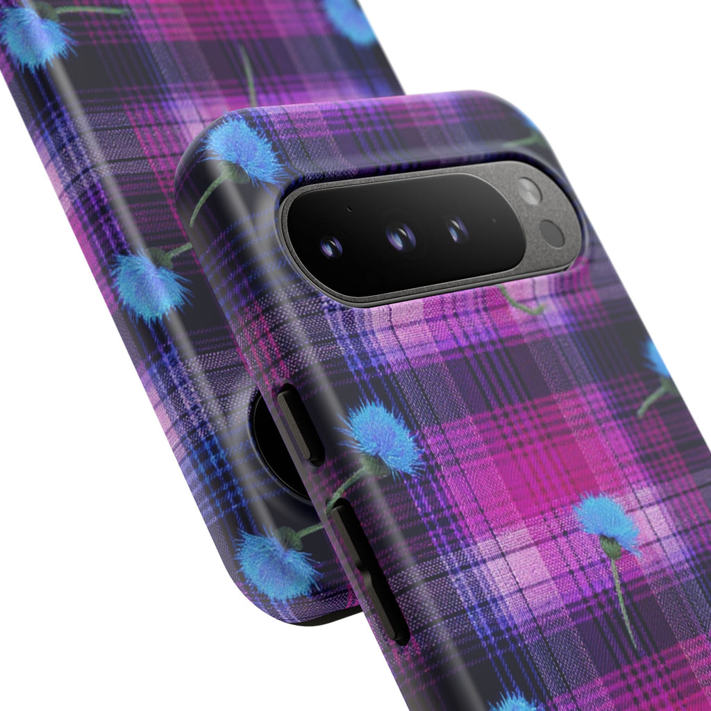 Purple Plaid Blue Thistle Tartan Phone Case — Floral Plaid Protective iPhone Cover