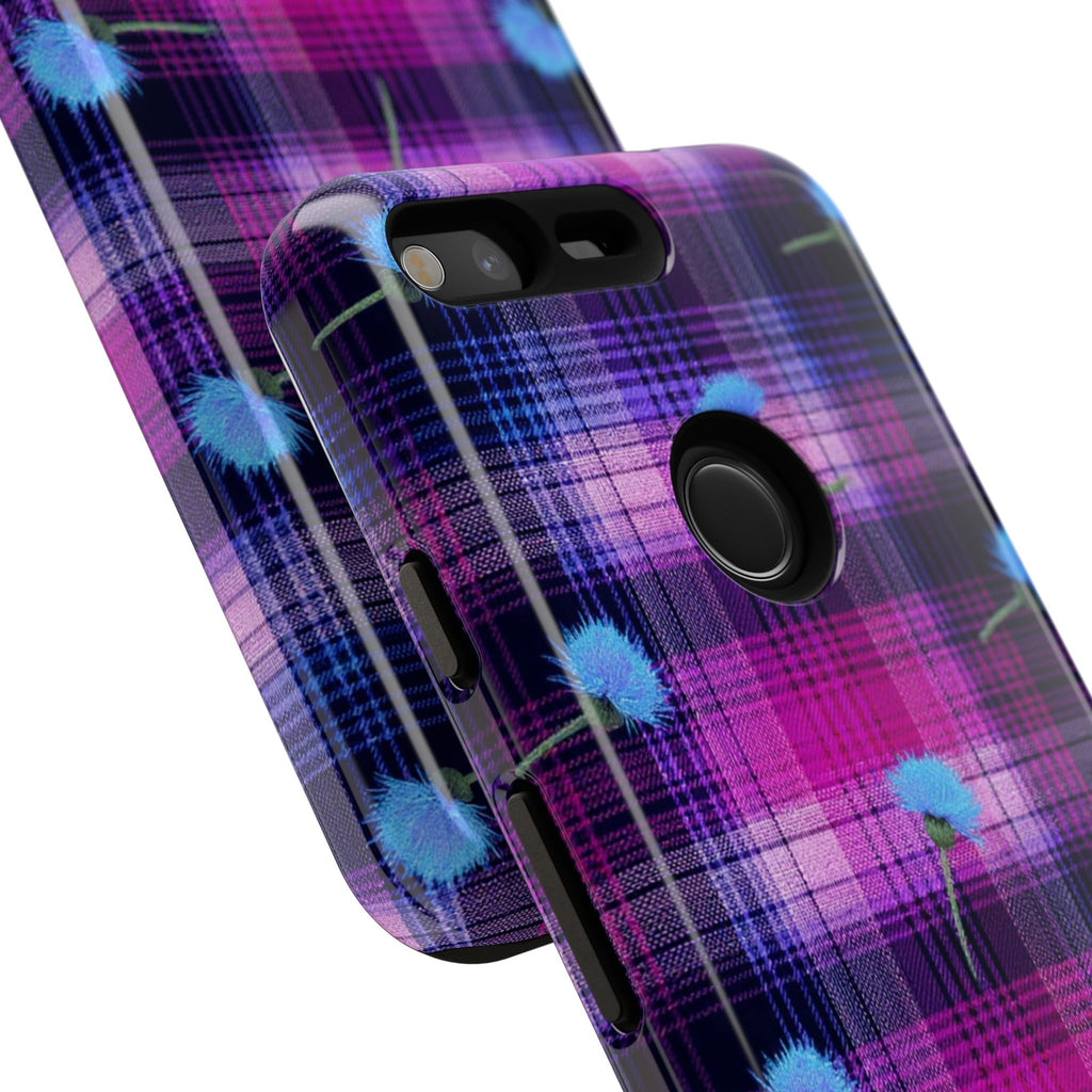Purple Plaid Blue Thistle Tartan Phone Case — Floral Plaid Protective iPhone Cover