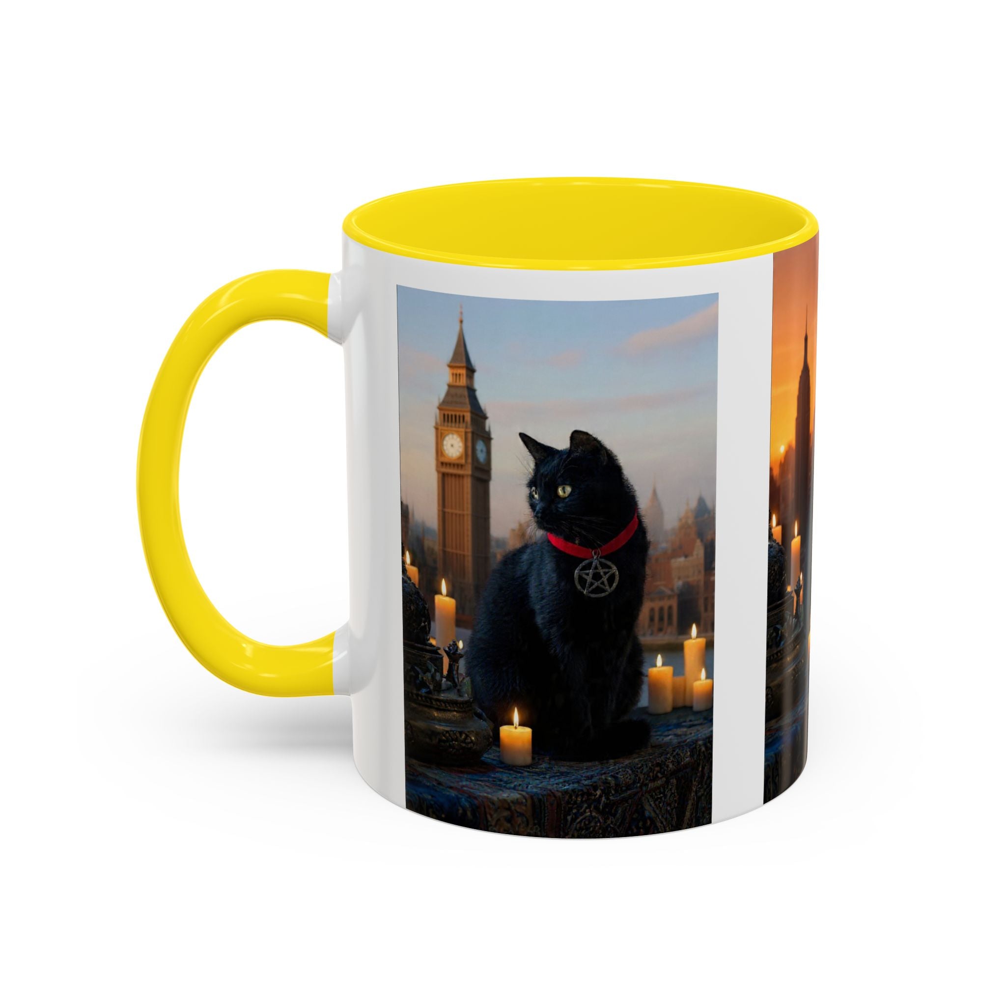 Black Cat Altar Coffee Mug — Gothic Cat with Pentagram, Candlelit Sunset Scene (11/15oz)