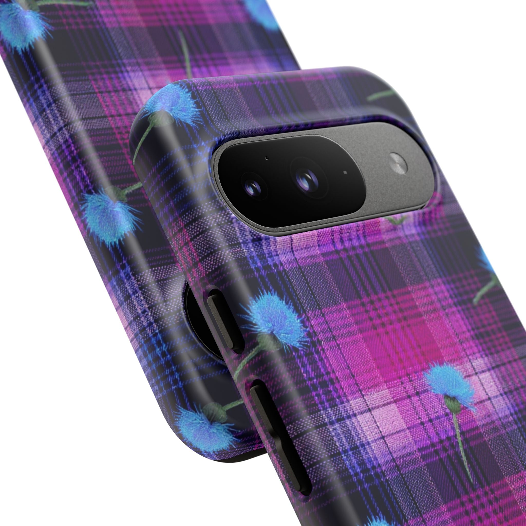Purple Plaid Blue Thistle Tartan Phone Case — Floral Plaid Protective iPhone Cover
