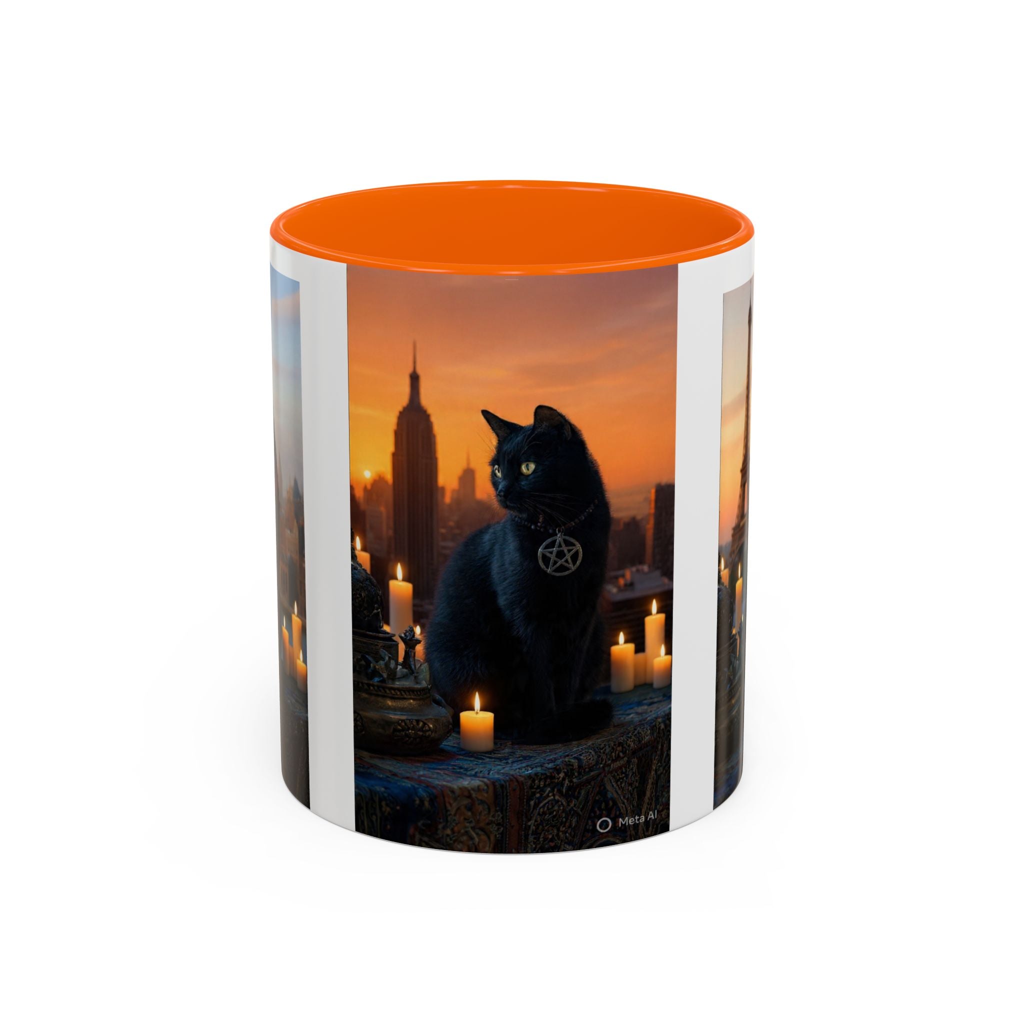 Black Cat Altar Coffee Mug — Gothic Cat with Pentagram, Candlelit Sunset Scene (11/15oz)