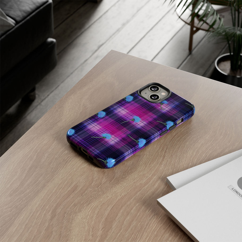 Purple Plaid Blue Thistle Tartan Phone Case — Floral Plaid Protective iPhone Cover