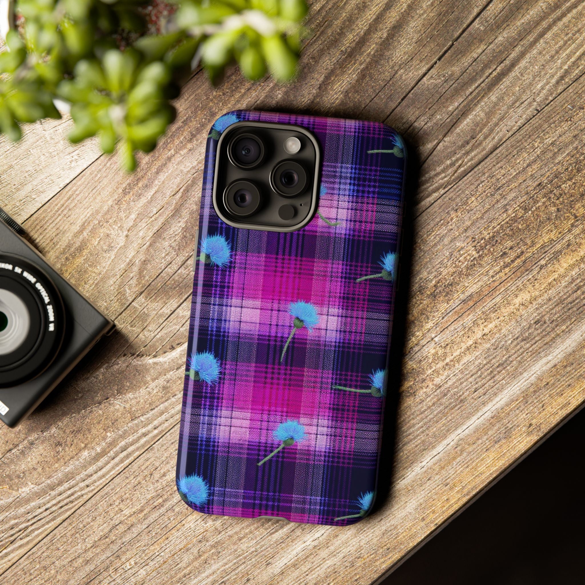 Purple Plaid Blue Thistle Tartan Phone Case — Floral Plaid Protective iPhone Cover