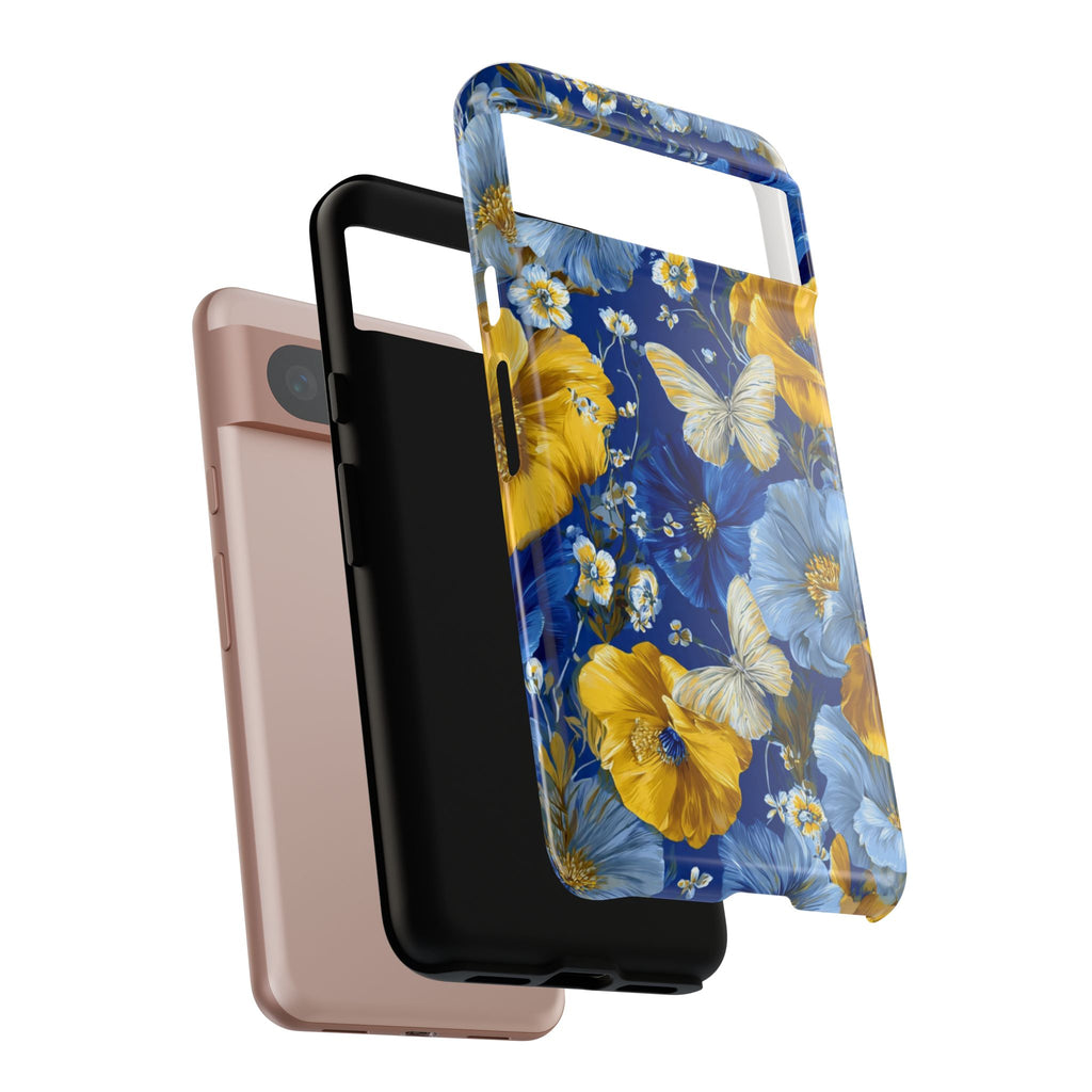 Floral Butterflies Phone Case — Blue & Yellow Tough Protective Cover