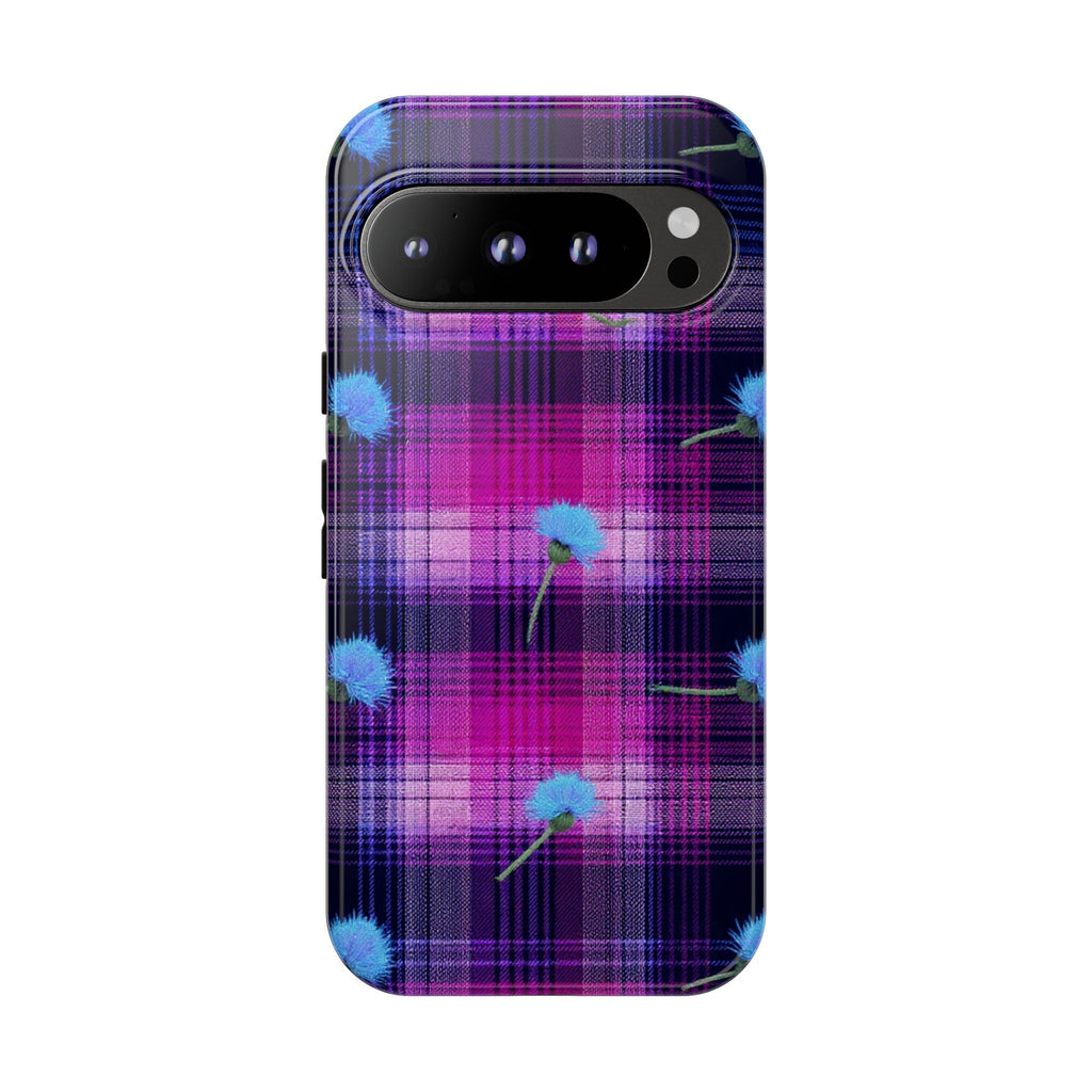 Purple Plaid Blue Thistle Tartan Phone Case — Floral Plaid Protective iPhone Cover