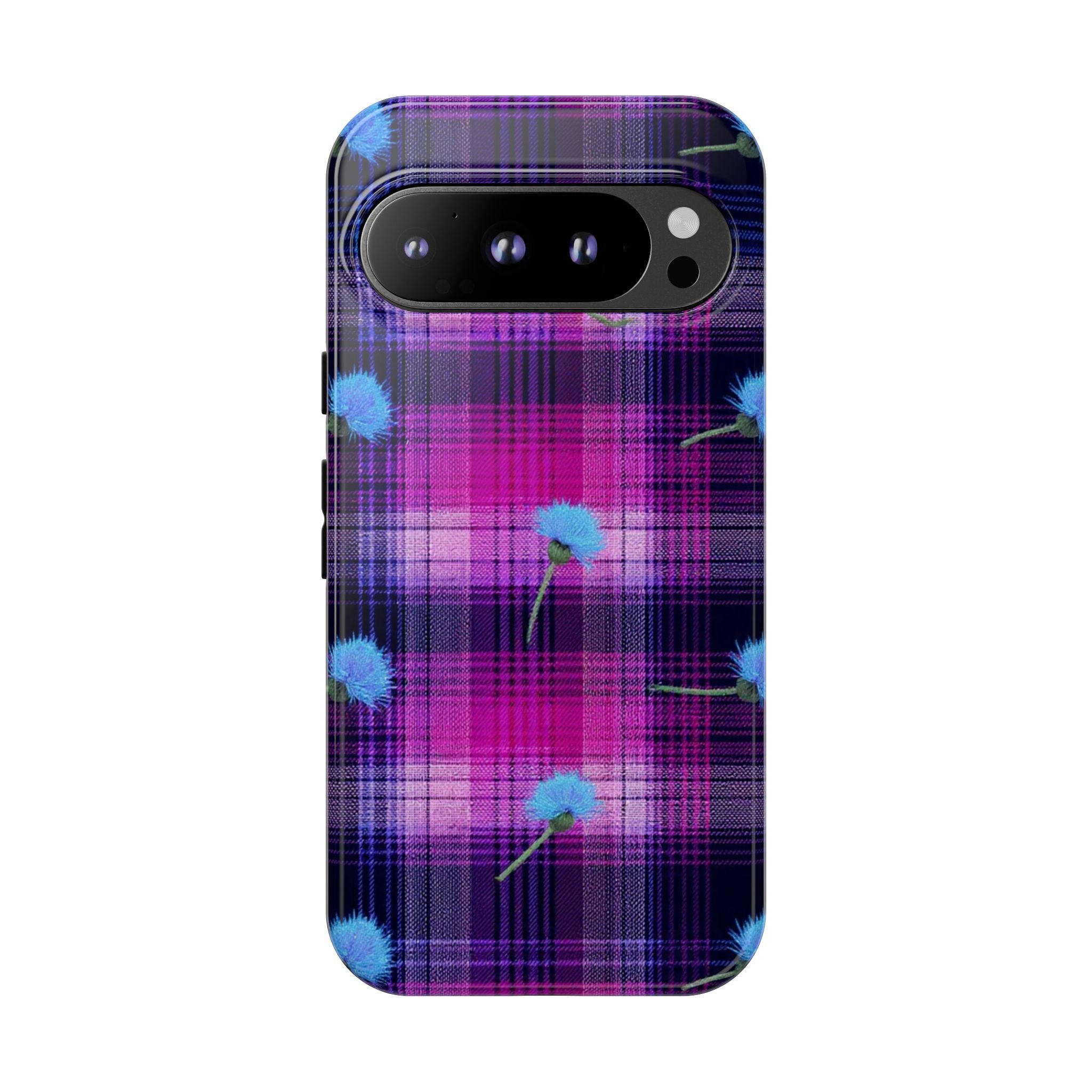 Purple Plaid Blue Thistle Tartan Phone Case — Floral Plaid Protective iPhone Cover