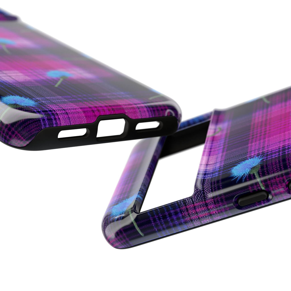 Purple Plaid Blue Thistle Tartan Phone Case — Floral Plaid Protective iPhone Cover