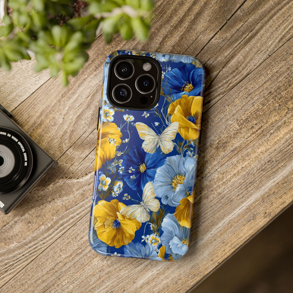 Floral Butterflies Phone Case — Blue & Yellow Tough Protective Cover