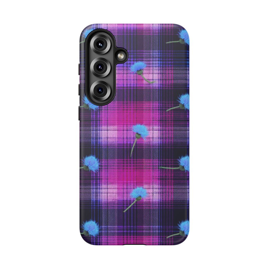 Purple Plaid Blue Thistle Tartan Phone Case — Floral Plaid Protective iPhone Cover