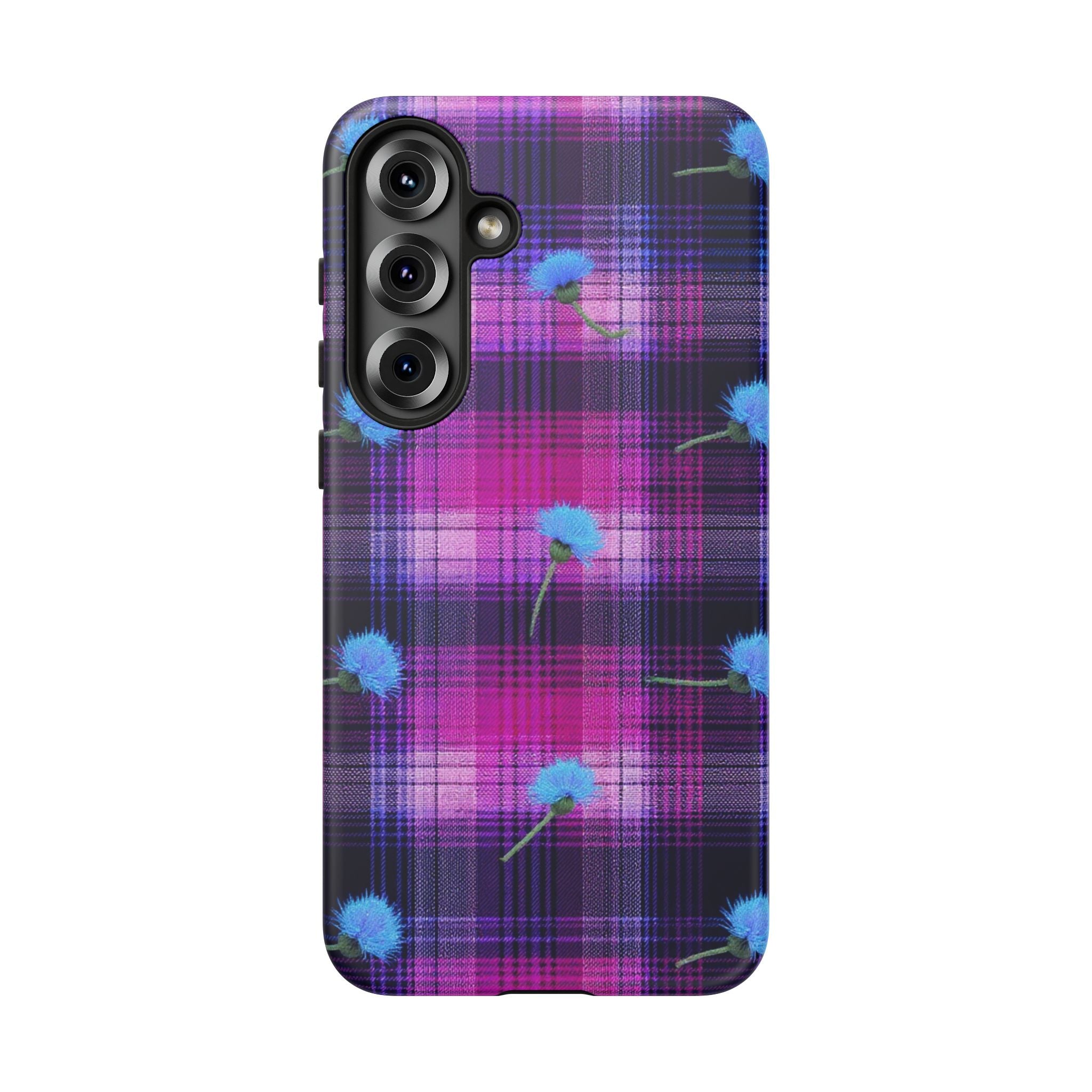 Purple Plaid Blue Thistle Tartan Phone Case — Floral Plaid Protective iPhone Cover