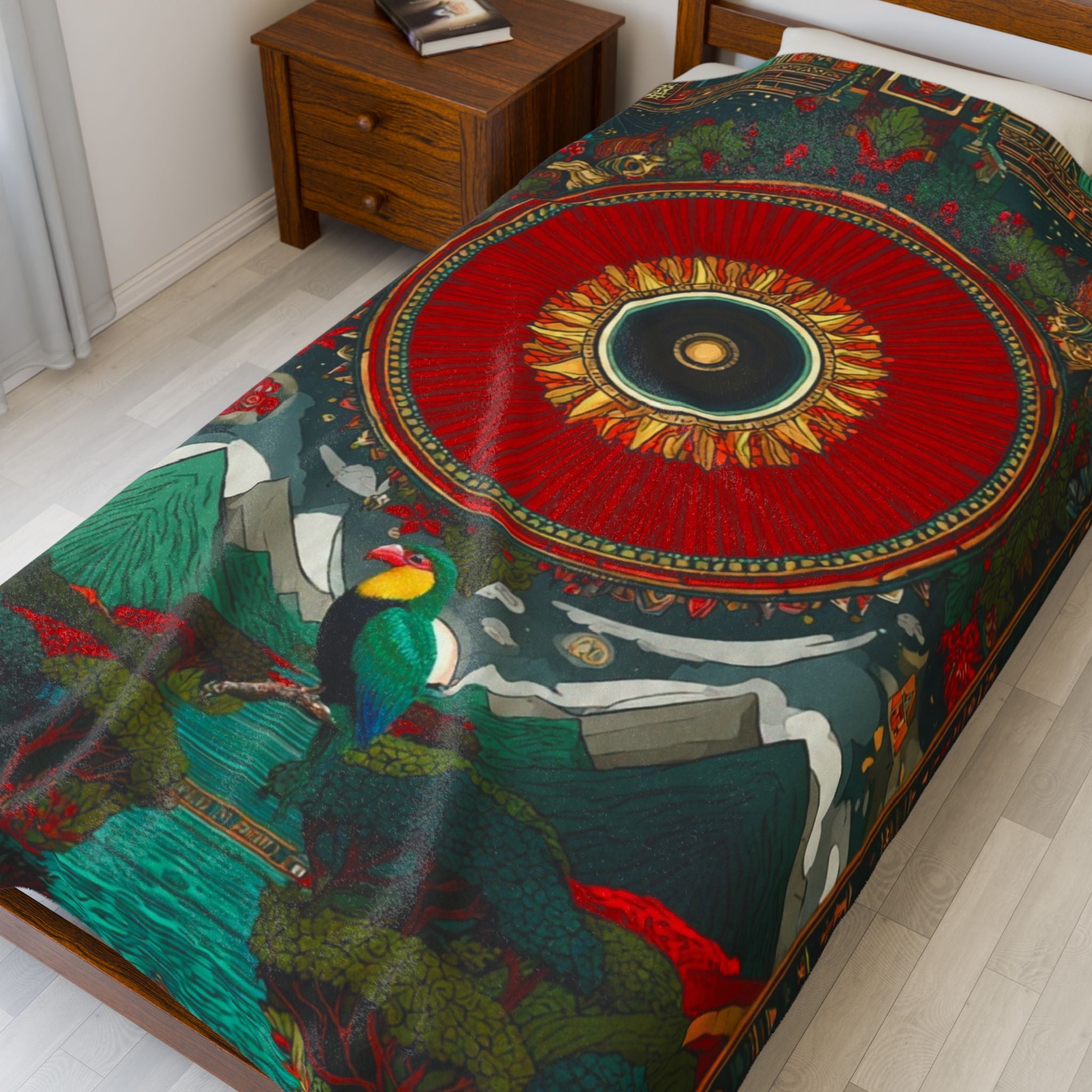 Velveteen Plush Blanket — Bohemian Sun & Mountain Tapestry Design