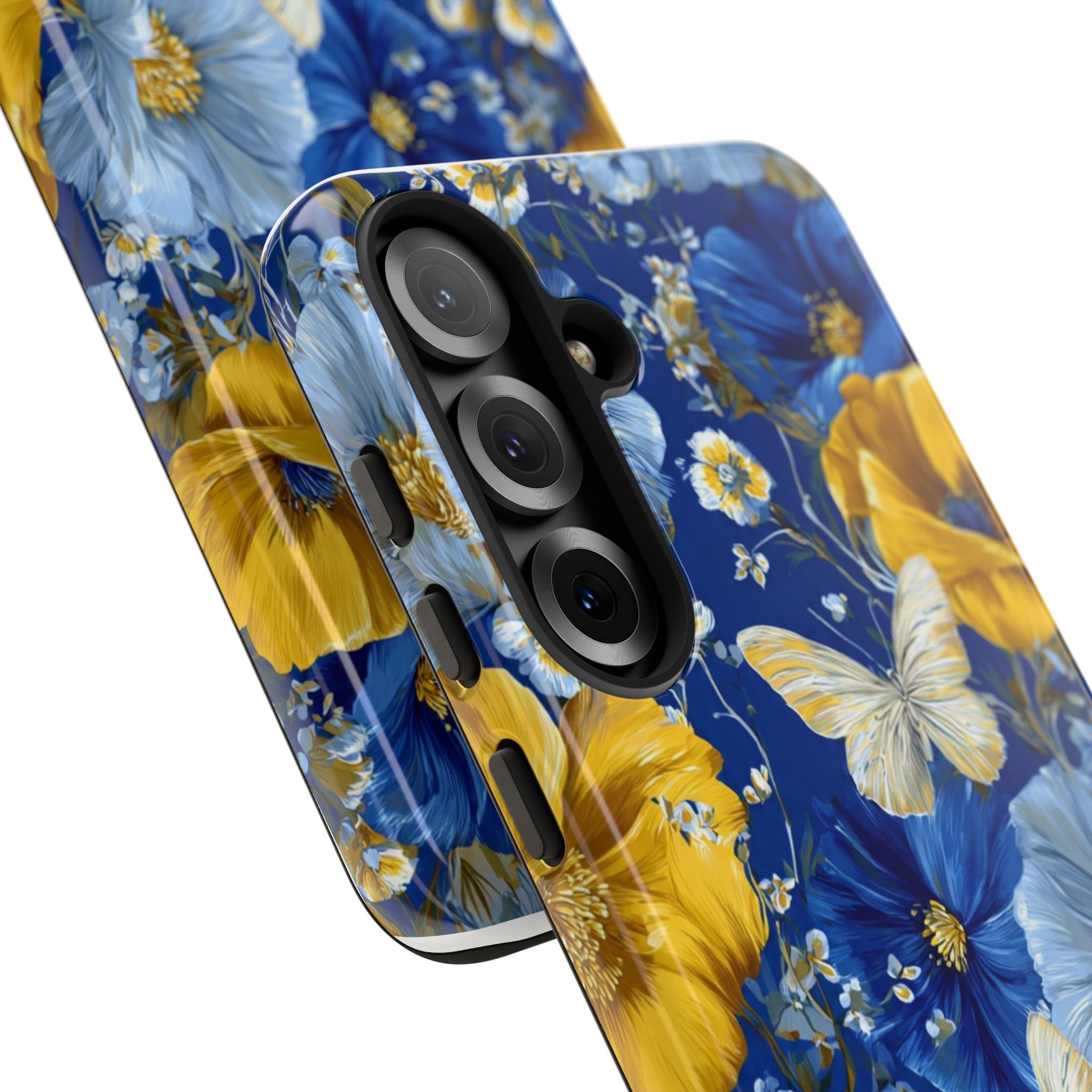 Floral Butterflies Phone Case — Blue & Yellow Tough Protective Cover