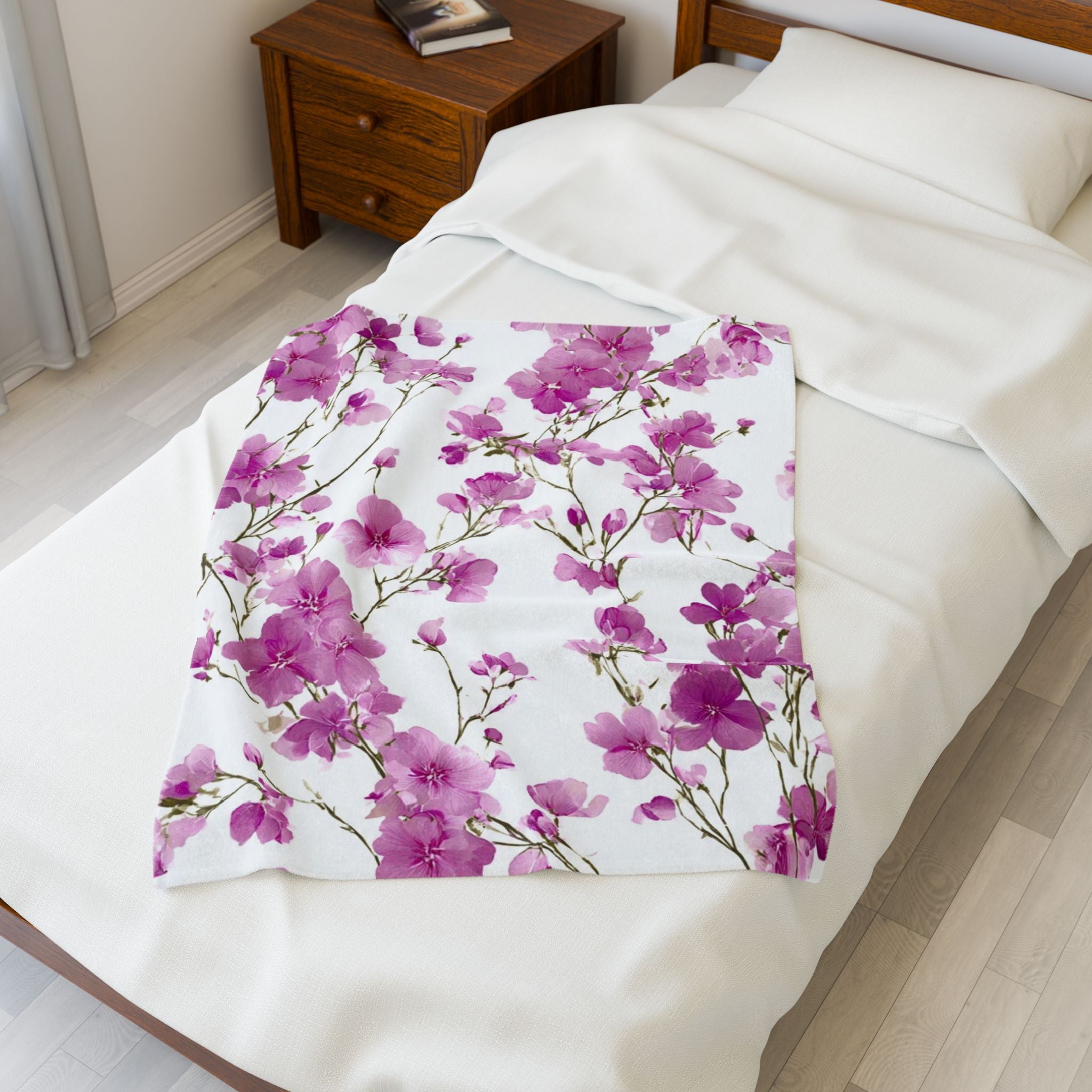 Velveteen Plush Blanket — Pink Cherry Blossom Floral Throw, Soft Cozy Bed & Couch Accent
