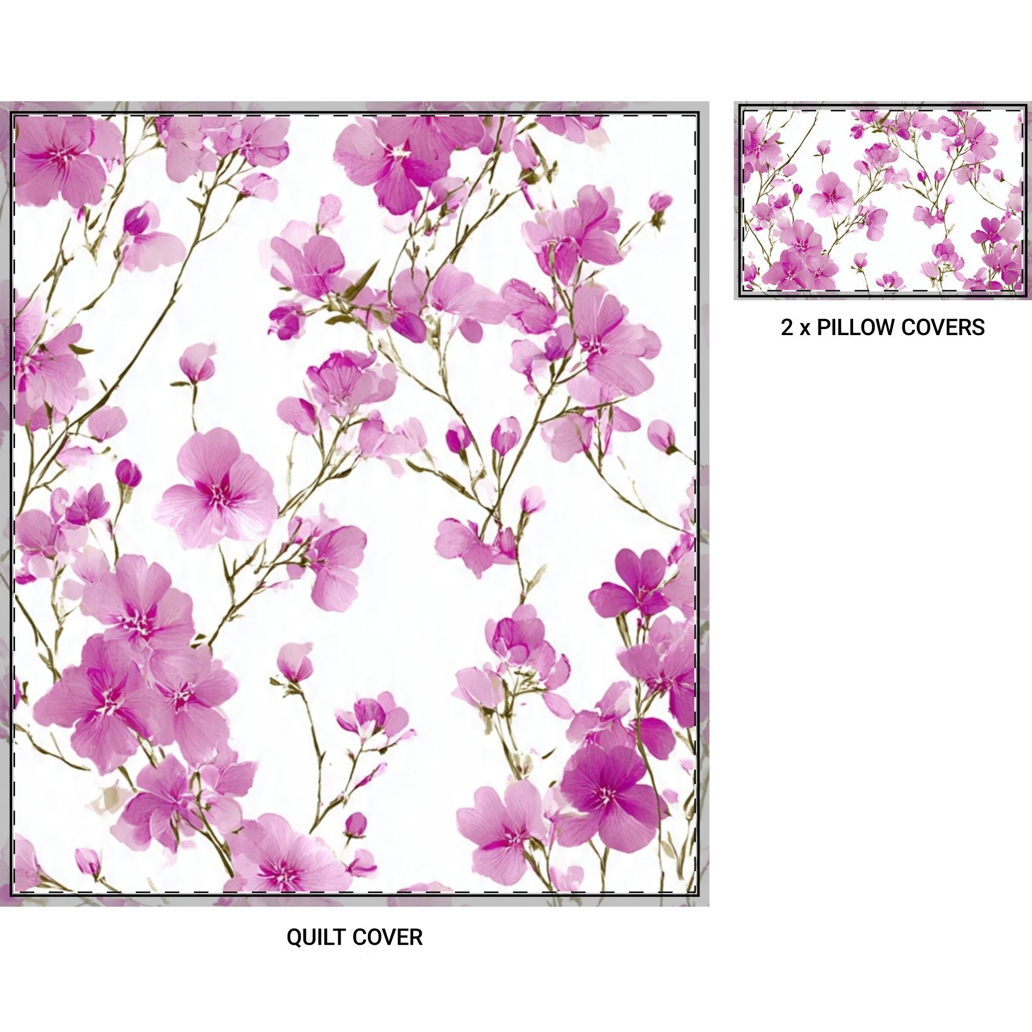 Pink Floral Quilt Cover Set of 3 — Cherry Blossom Duvet Cover + 2 Pillowcases