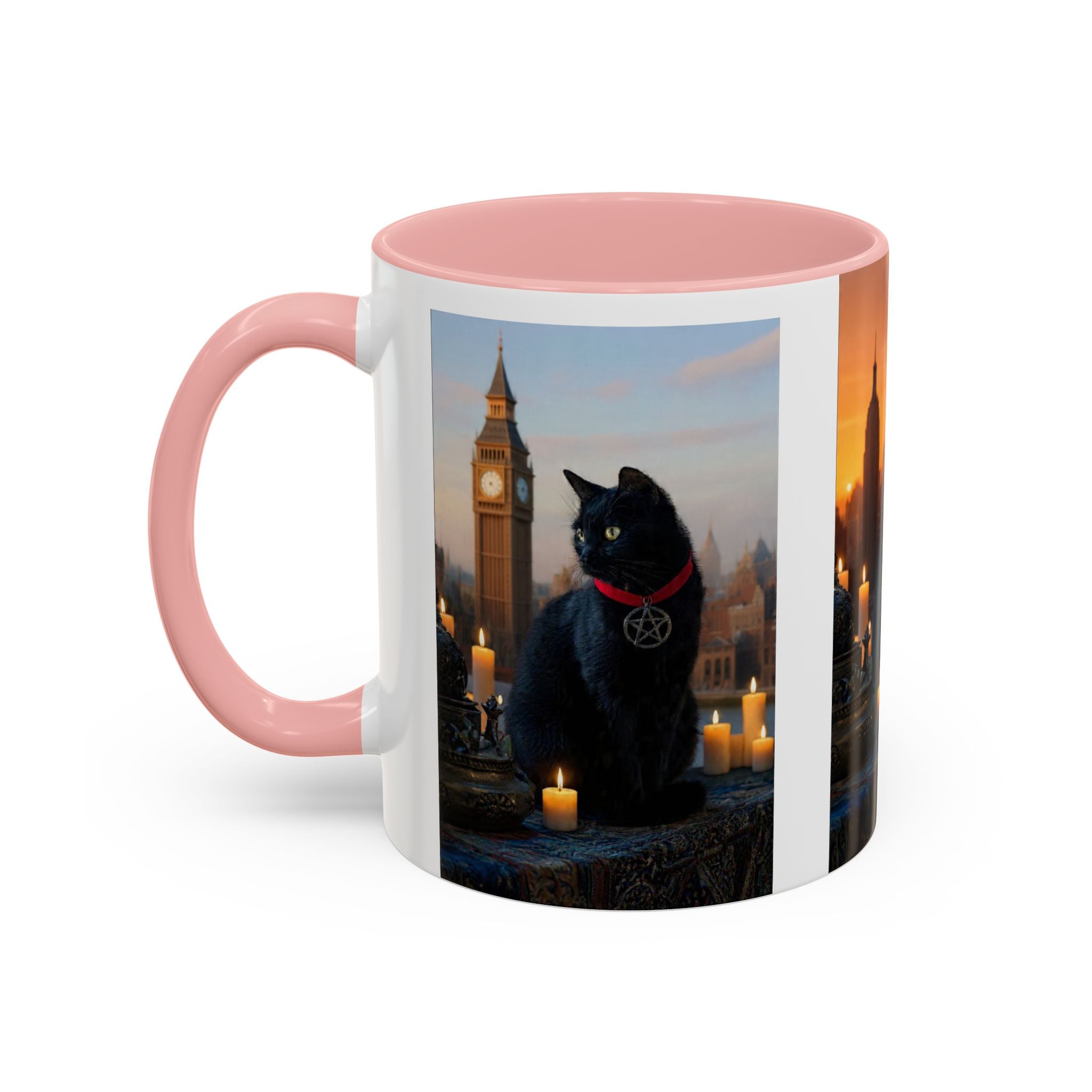 Black Cat Altar Coffee Mug — Gothic Cat with Pentagram, Candlelit Sunset Scene (11/15oz)