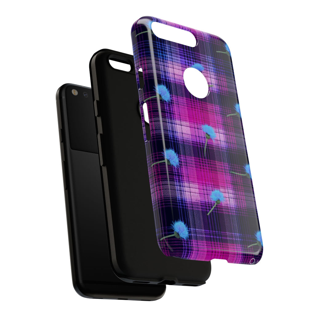 Purple Plaid Blue Thistle Tartan Phone Case — Floral Plaid Protective iPhone Cover