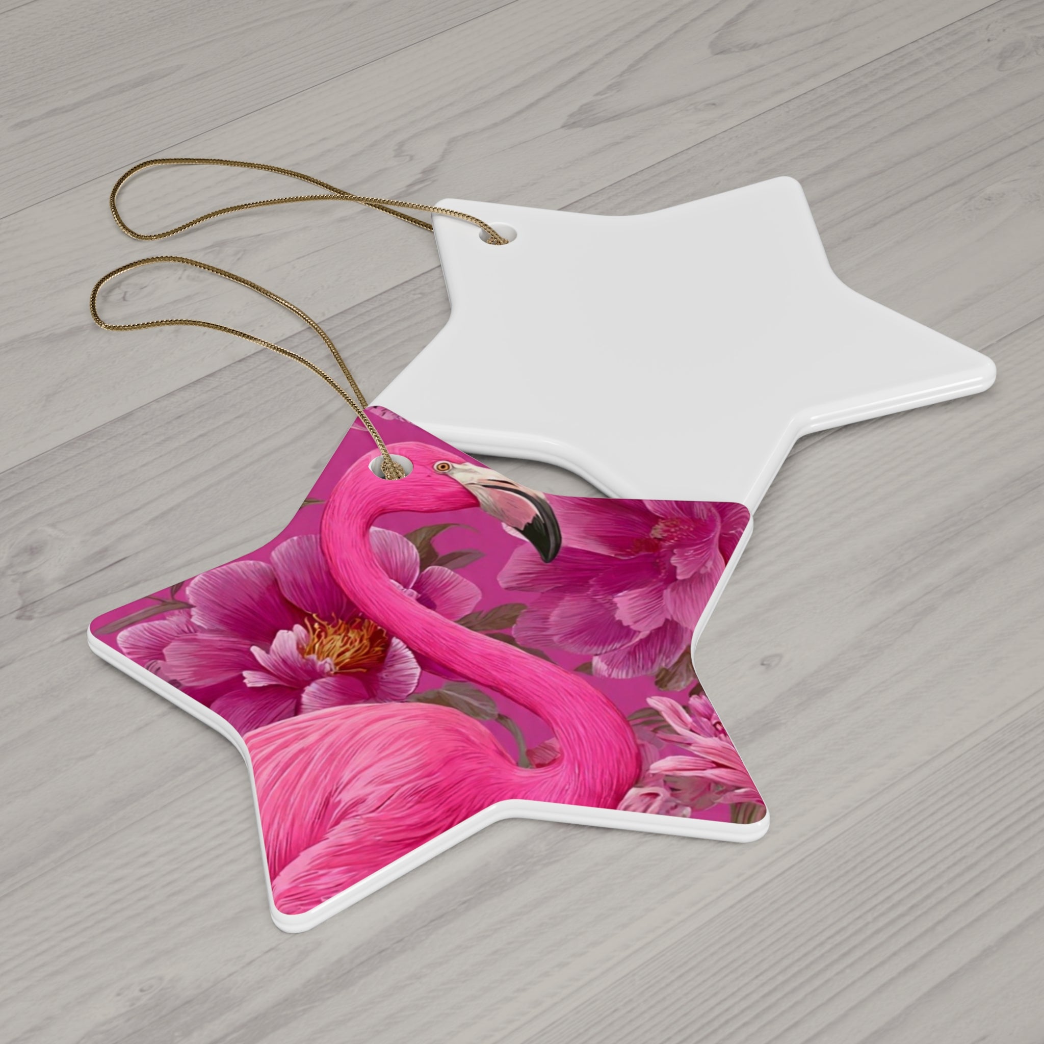 Pink Flamingo Ceramic Ornament — Star-Shaped Holiday Decoration