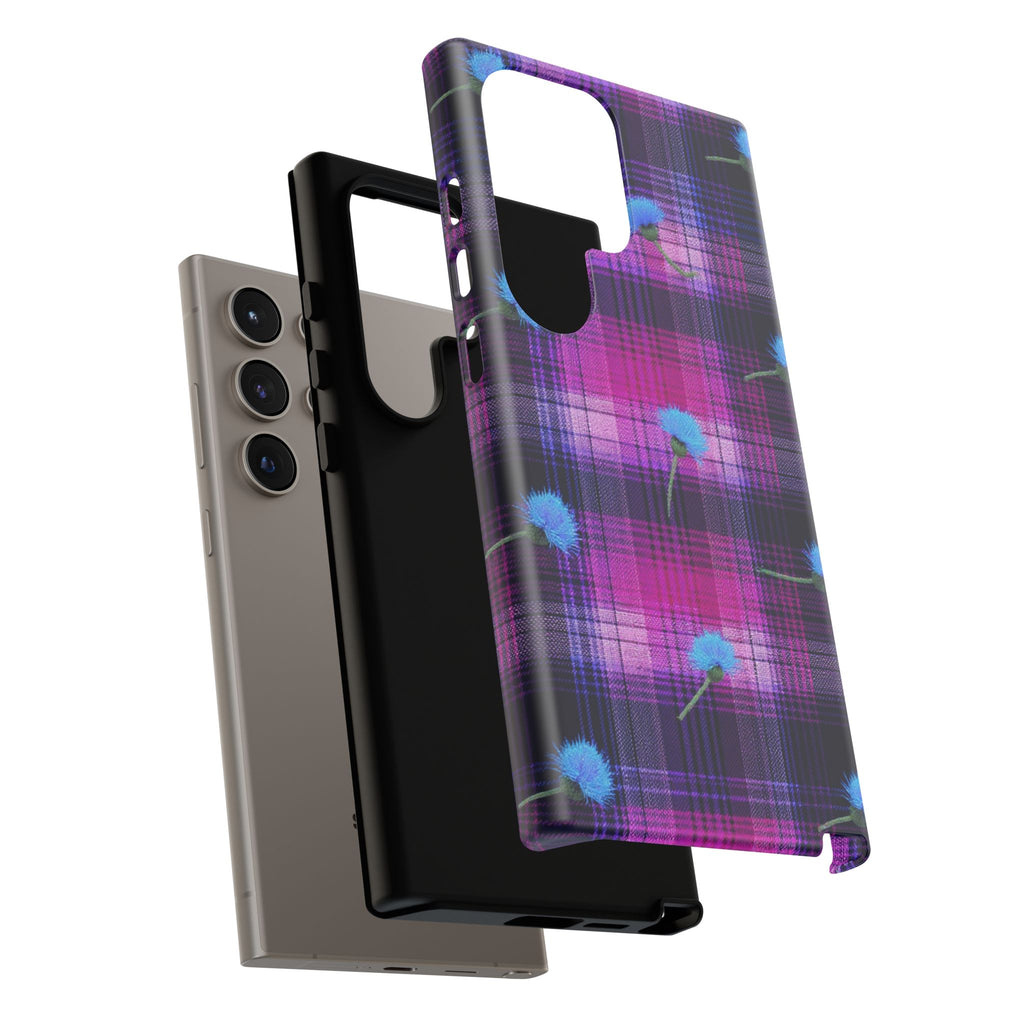 Purple Plaid Blue Thistle Tartan Phone Case — Floral Plaid Protective iPhone Cover