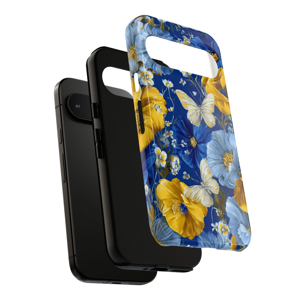 Floral Butterflies Phone Case — Blue & Yellow Tough Protective Cover