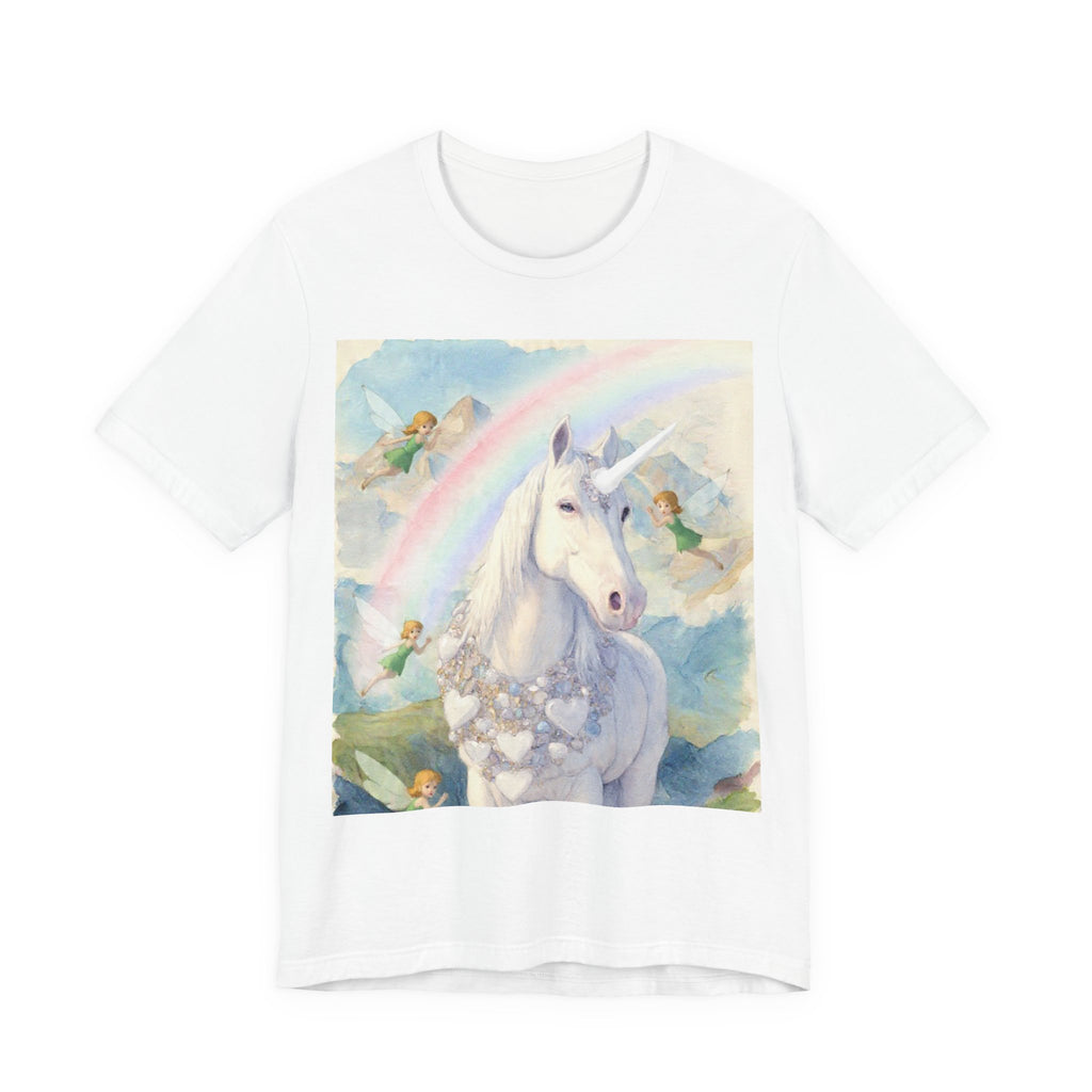 Unicorn Rainbow Tee — Whimsical Pegasus Shirt with Fairies and Floral Garland