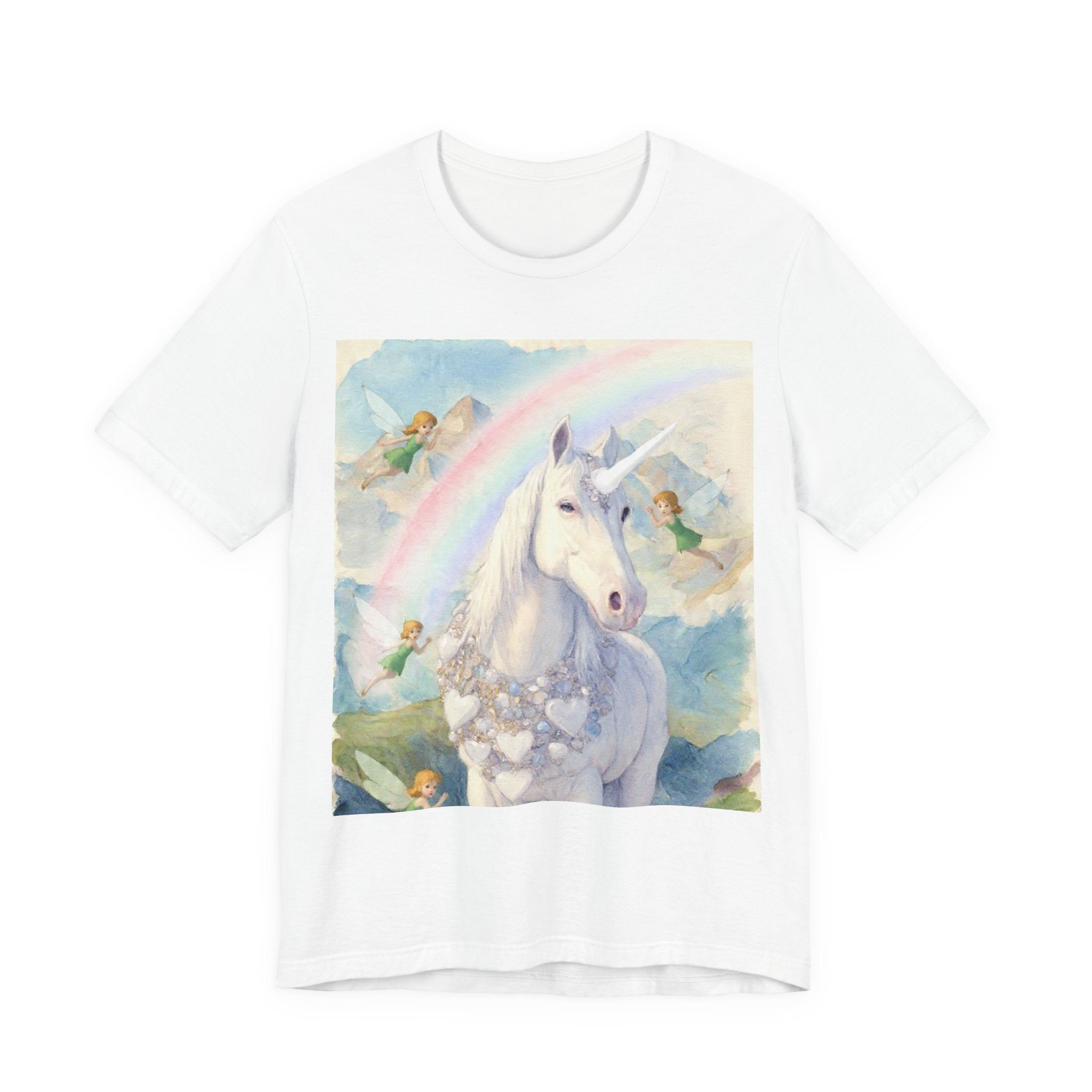 Unicorn Rainbow Tee — Whimsical Pegasus Shirt with Fairies and Floral Garland
