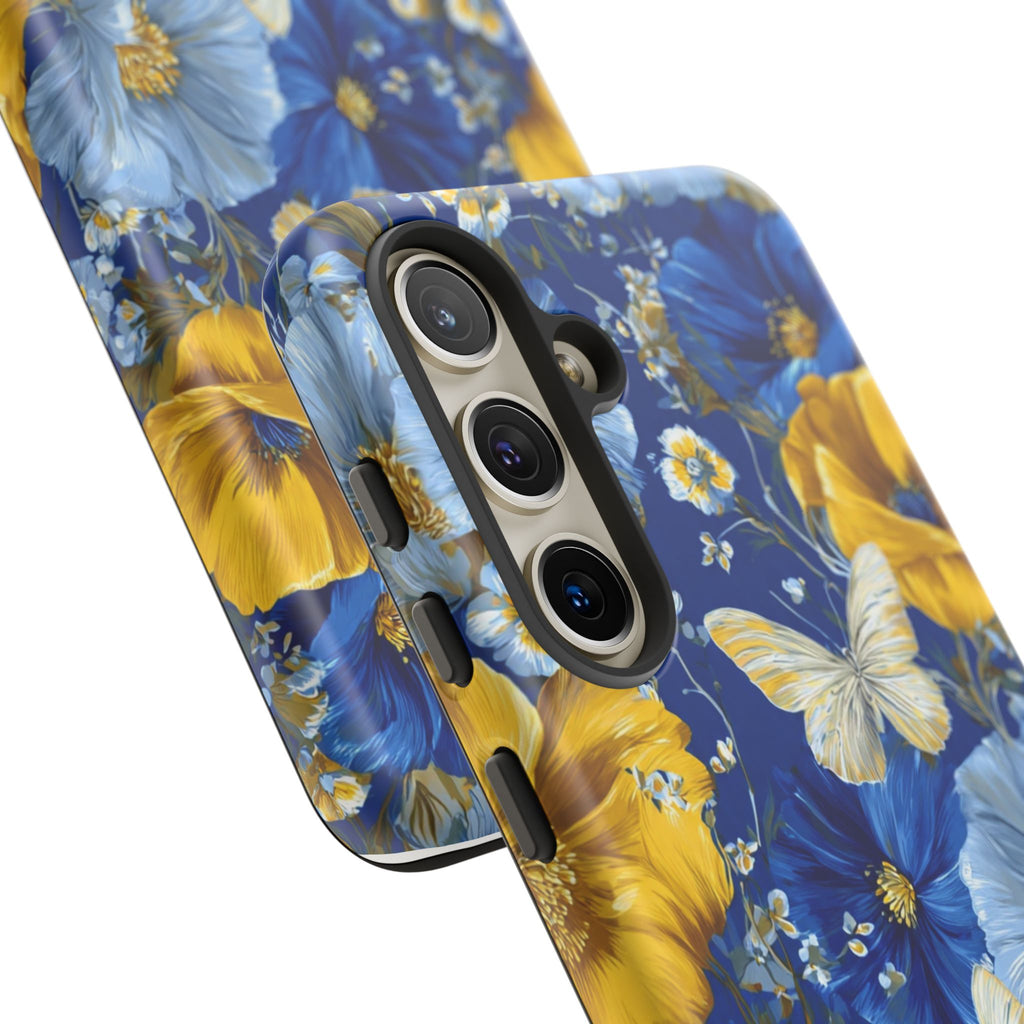 Floral Butterflies Phone Case — Blue & Yellow Tough Protective Cover