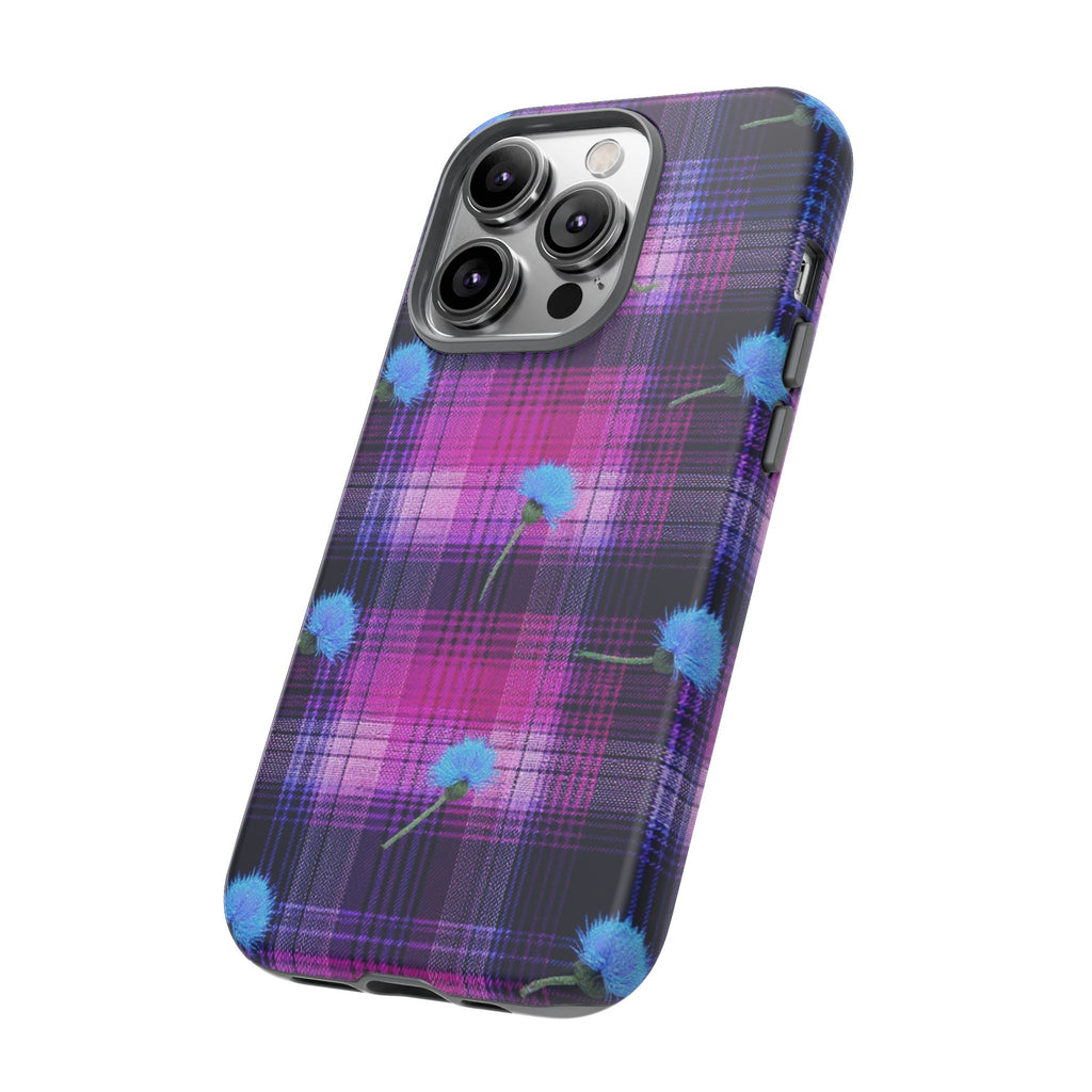 Purple Plaid Blue Thistle Tartan Phone Case — Floral Plaid Protective iPhone Cover