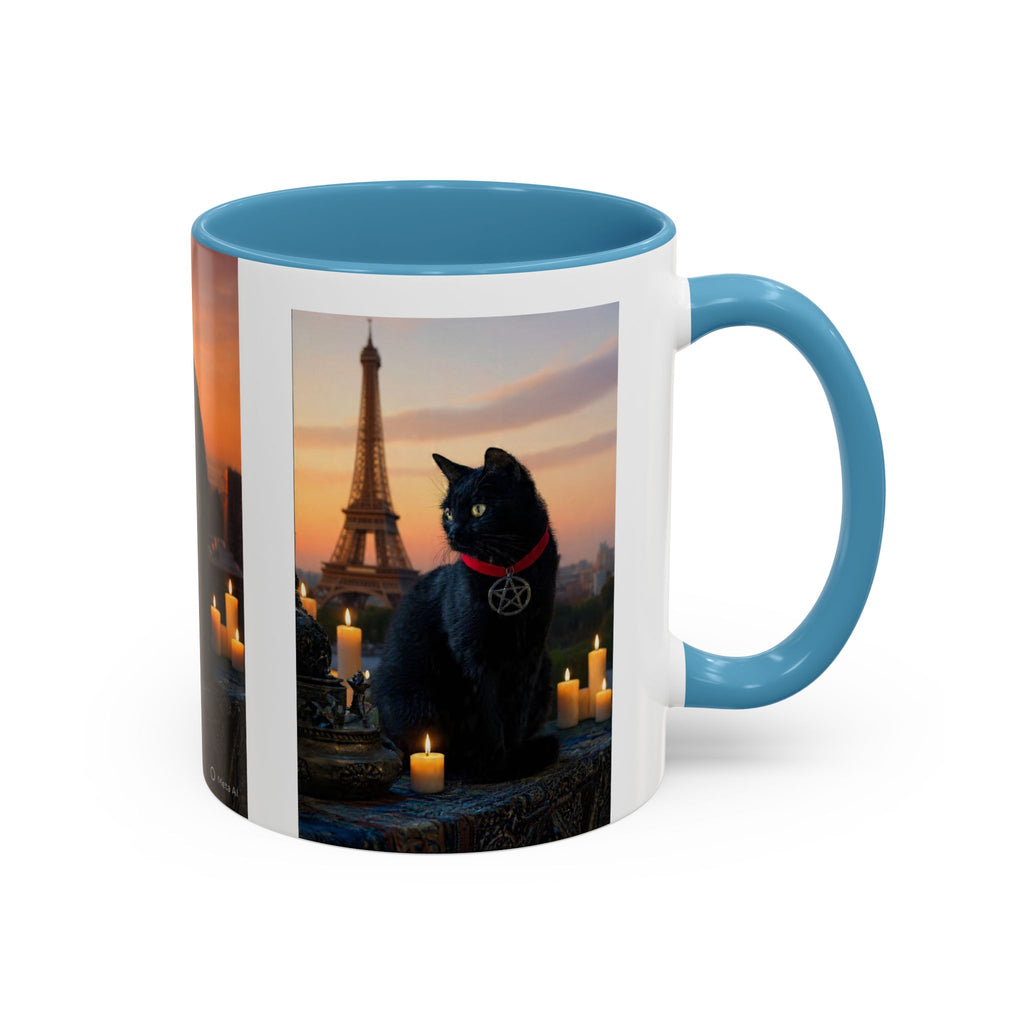Black Cat Altar Coffee Mug — Gothic Cat with Pentagram, Candlelit Sunset Scene (11/15oz)