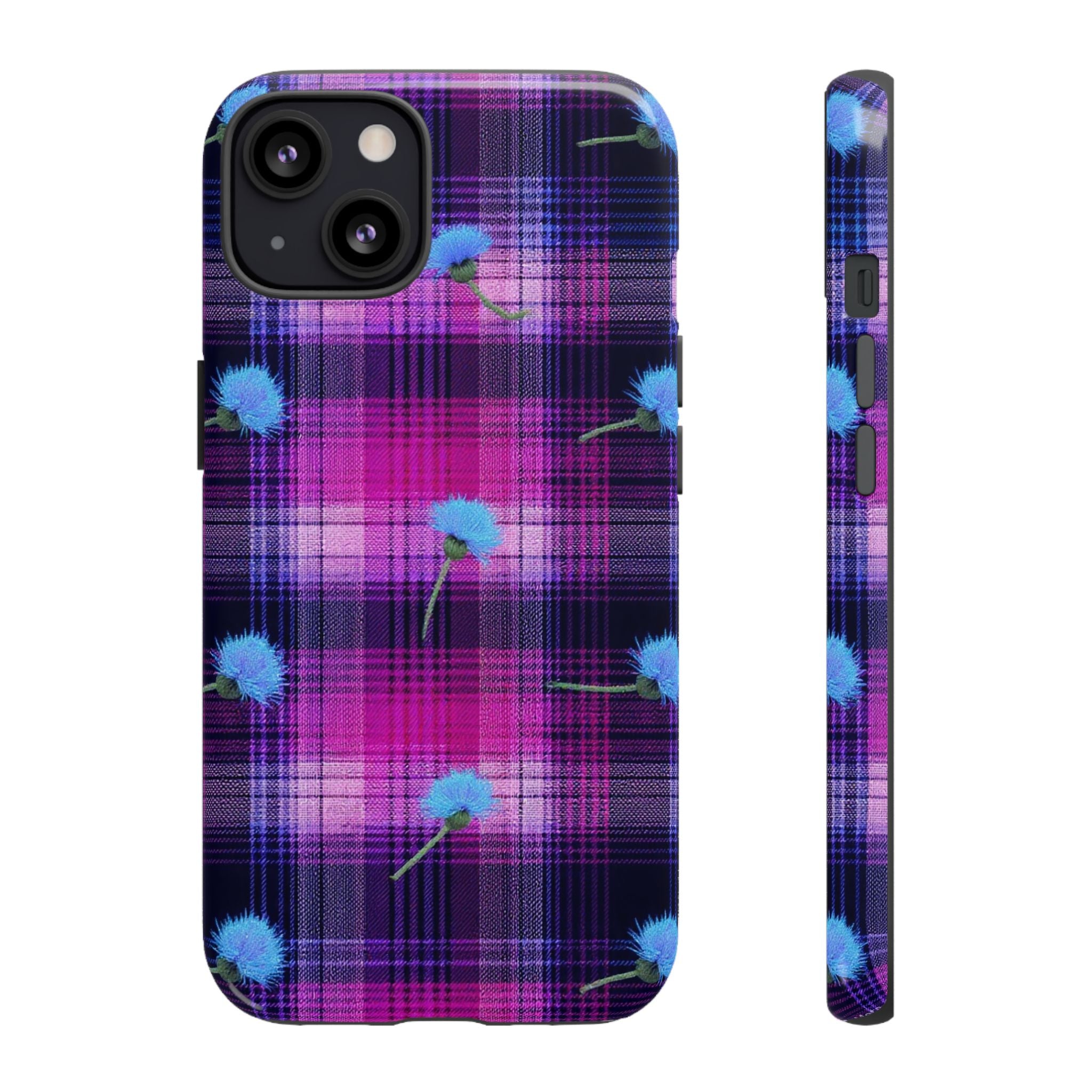 Purple Plaid Blue Thistle Tartan Phone Case — Floral Plaid Protective iPhone Cover