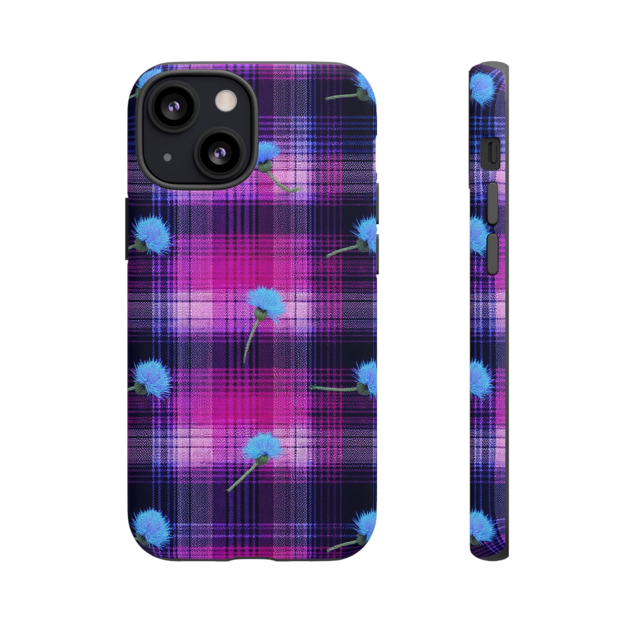 Purple Plaid Blue Thistle Tartan Phone Case — Floral Plaid Protective iPhone Cover