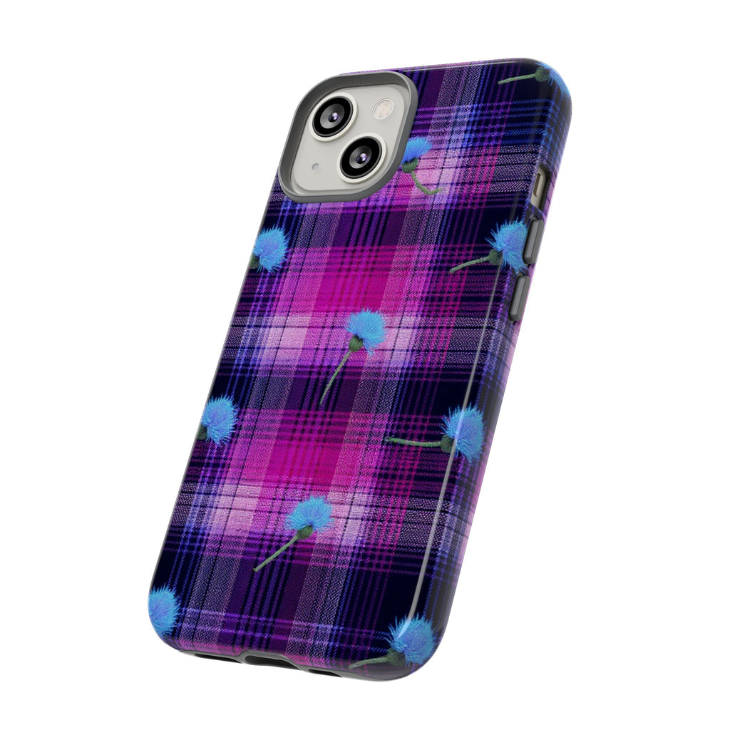 Purple Plaid Blue Thistle Tartan Phone Case — Floral Plaid Protective iPhone Cover