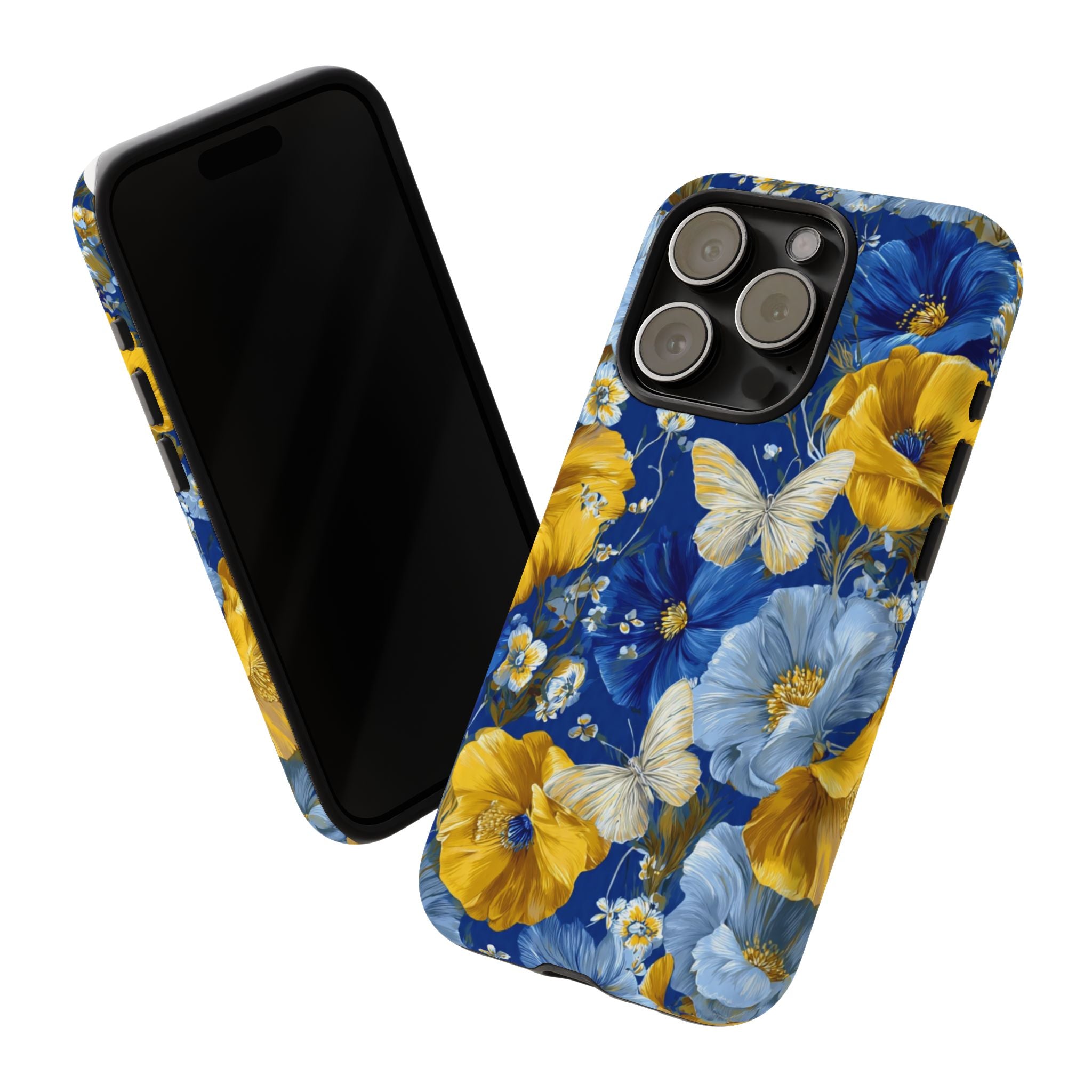 Floral Butterflies Phone Case — Blue & Yellow Tough Protective Cover