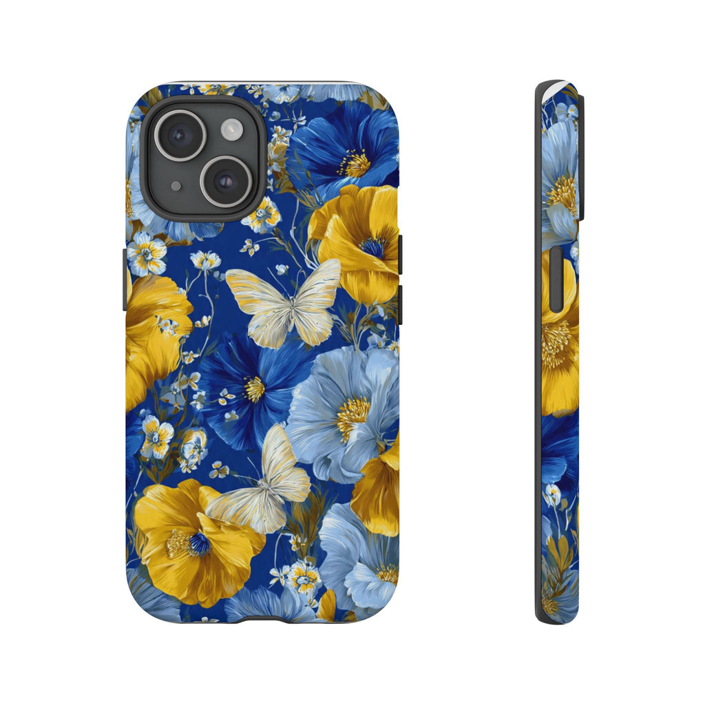 Floral Butterflies Phone Case — Blue & Yellow Tough Protective Cover