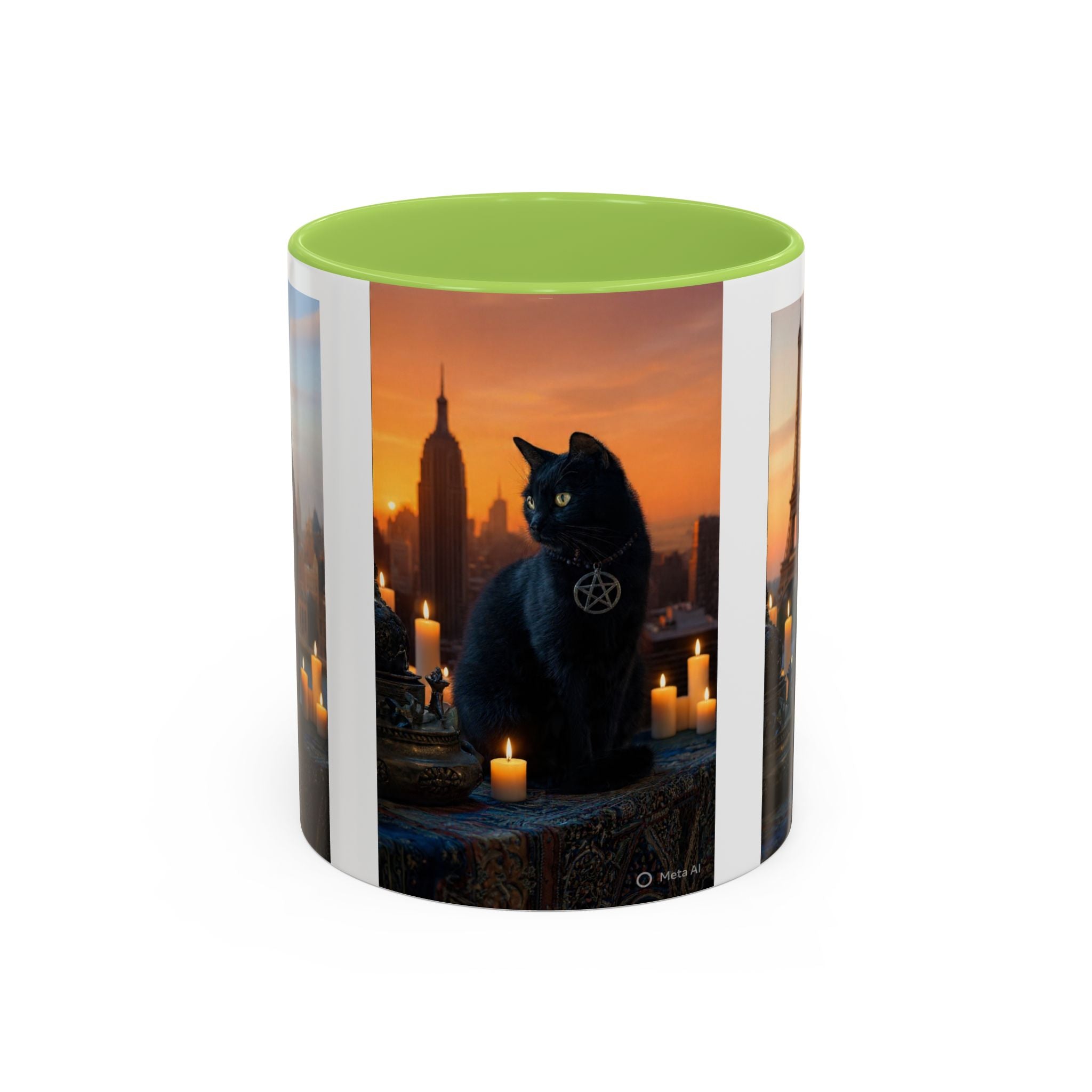 Black Cat Altar Coffee Mug — Gothic Cat with Pentagram, Candlelit Sunset Scene (11/15oz)