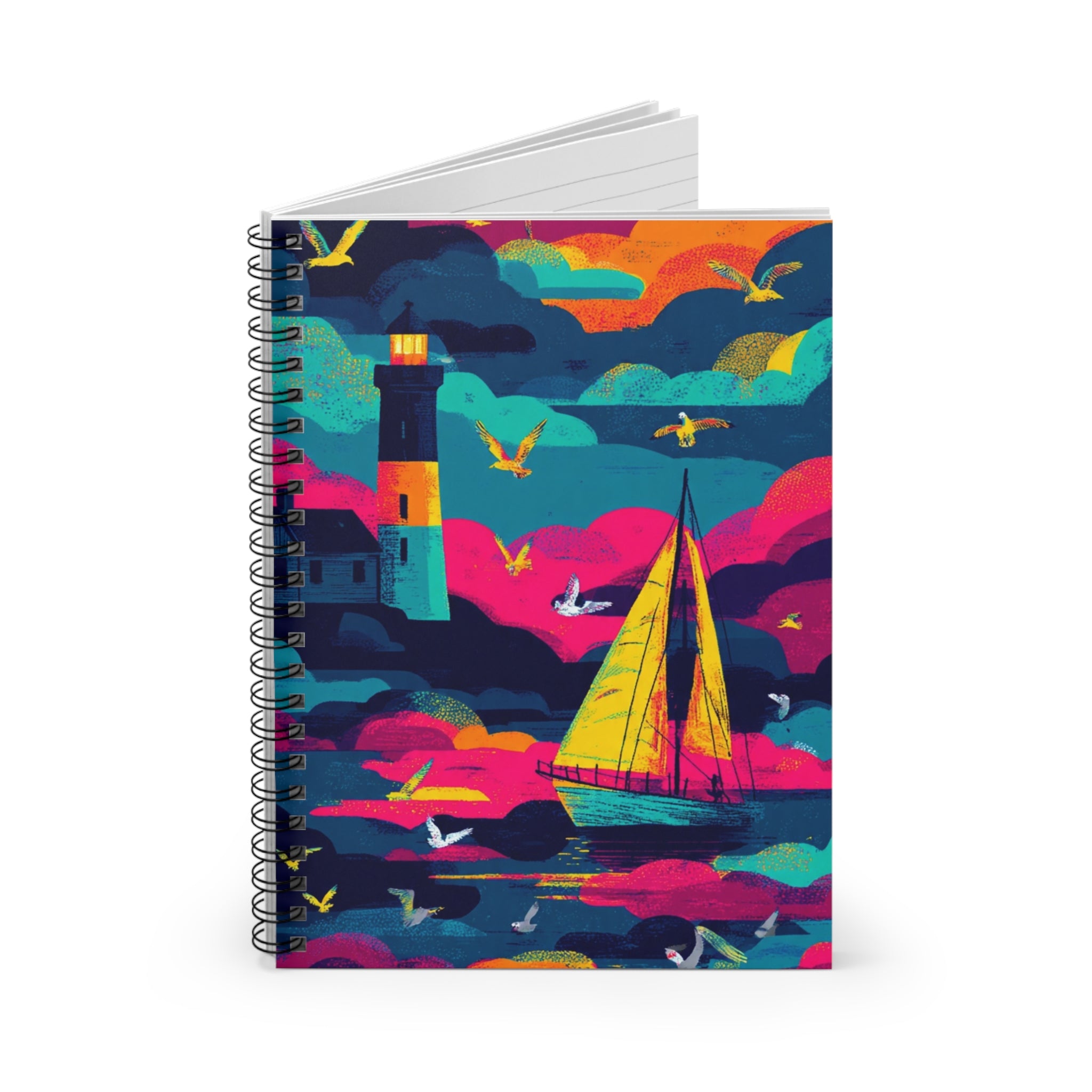Sailboat & Lighthouse Spiral Notebook — Colorful Seaside Ruled Journal