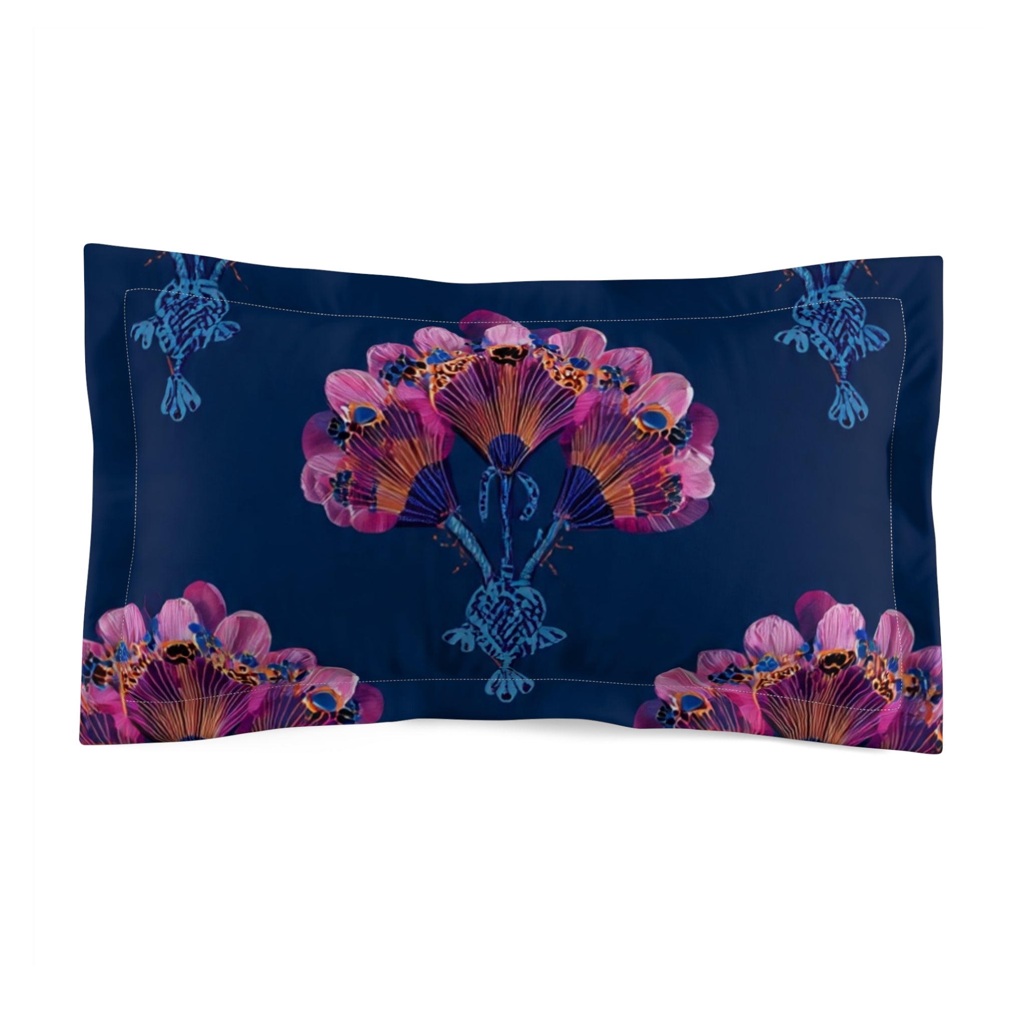 Floral Nightscape Pillow Sham — Navy Blue Microfiber Decorative Sham with Pink Bloom Pattern