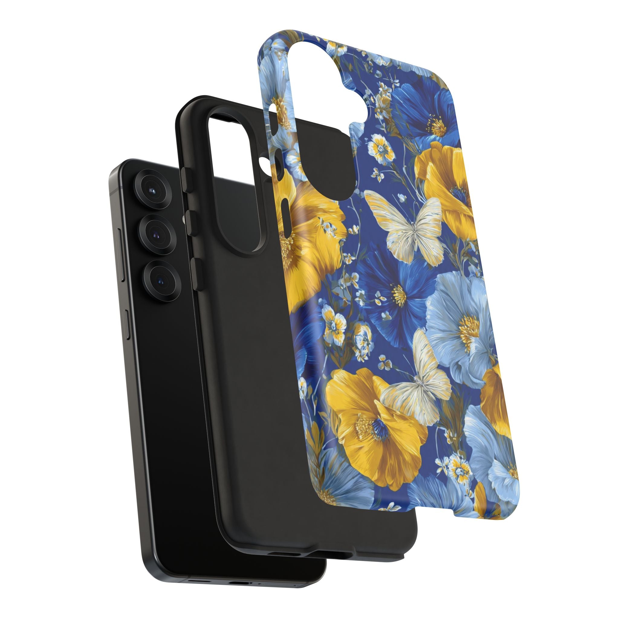 Floral Butterflies Phone Case — Blue & Yellow Tough Protective Cover