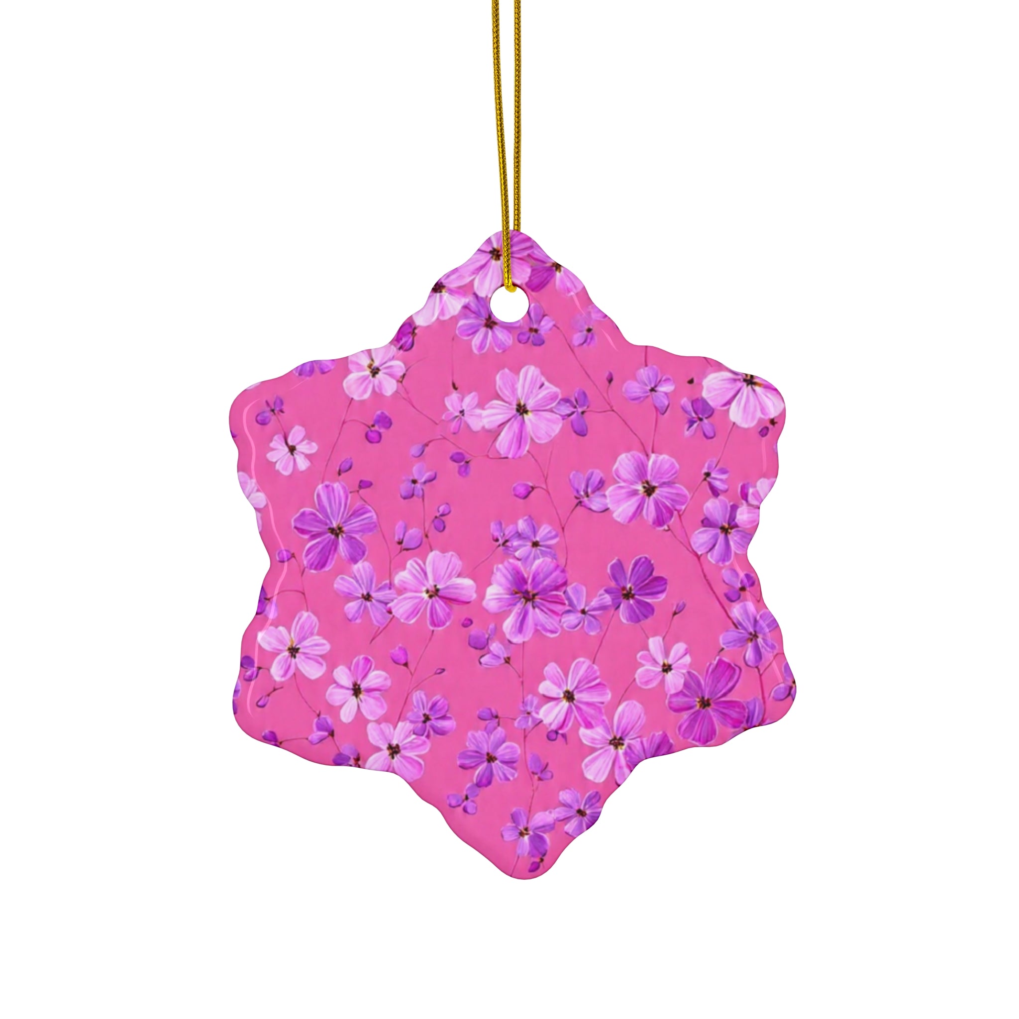 Floral Pink Star Ceramic Ornament — Flower Pattern Holiday Decoration