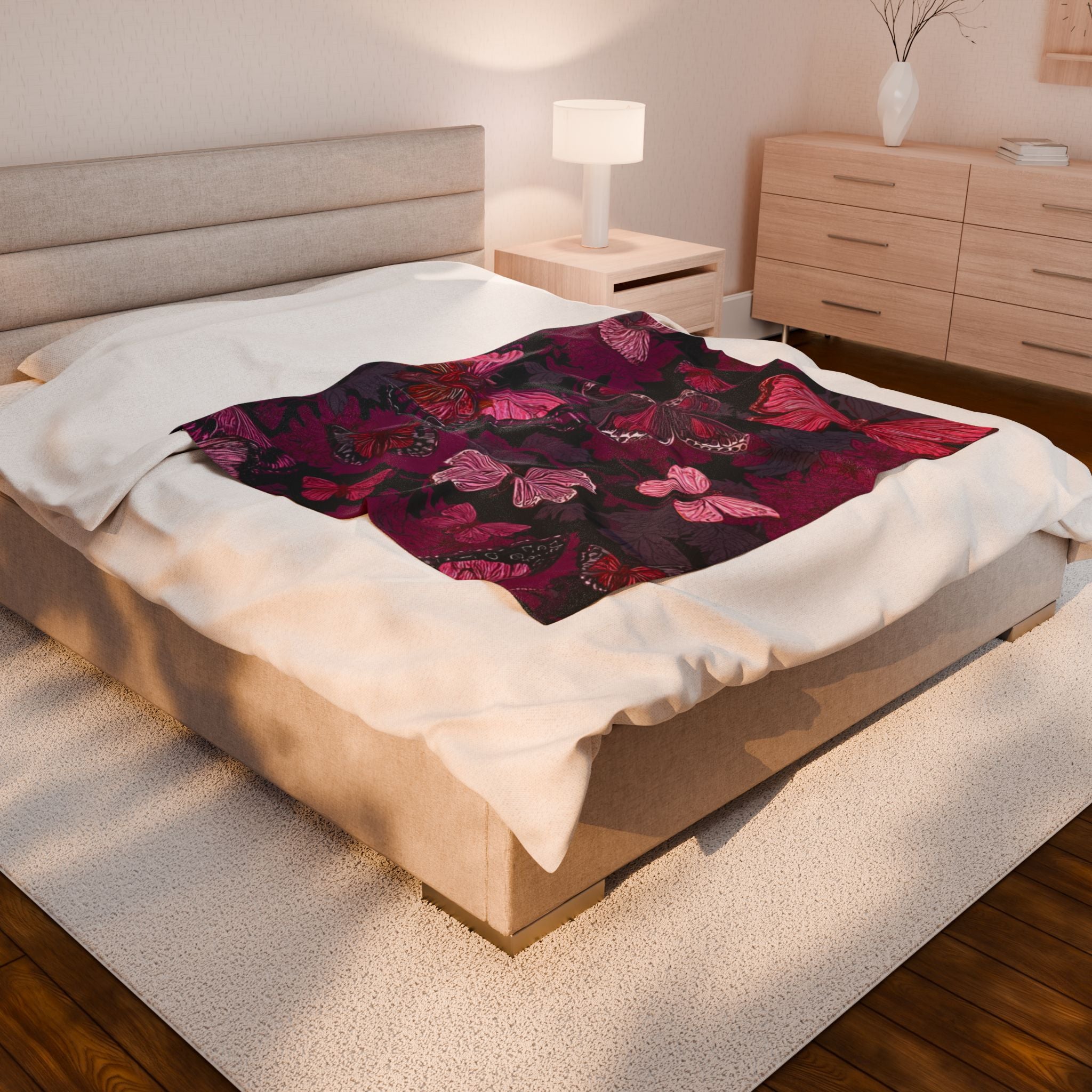 Butterfly Garden Velveteen Plush Blanket — Soft Pink & Burgundy Floral Throw